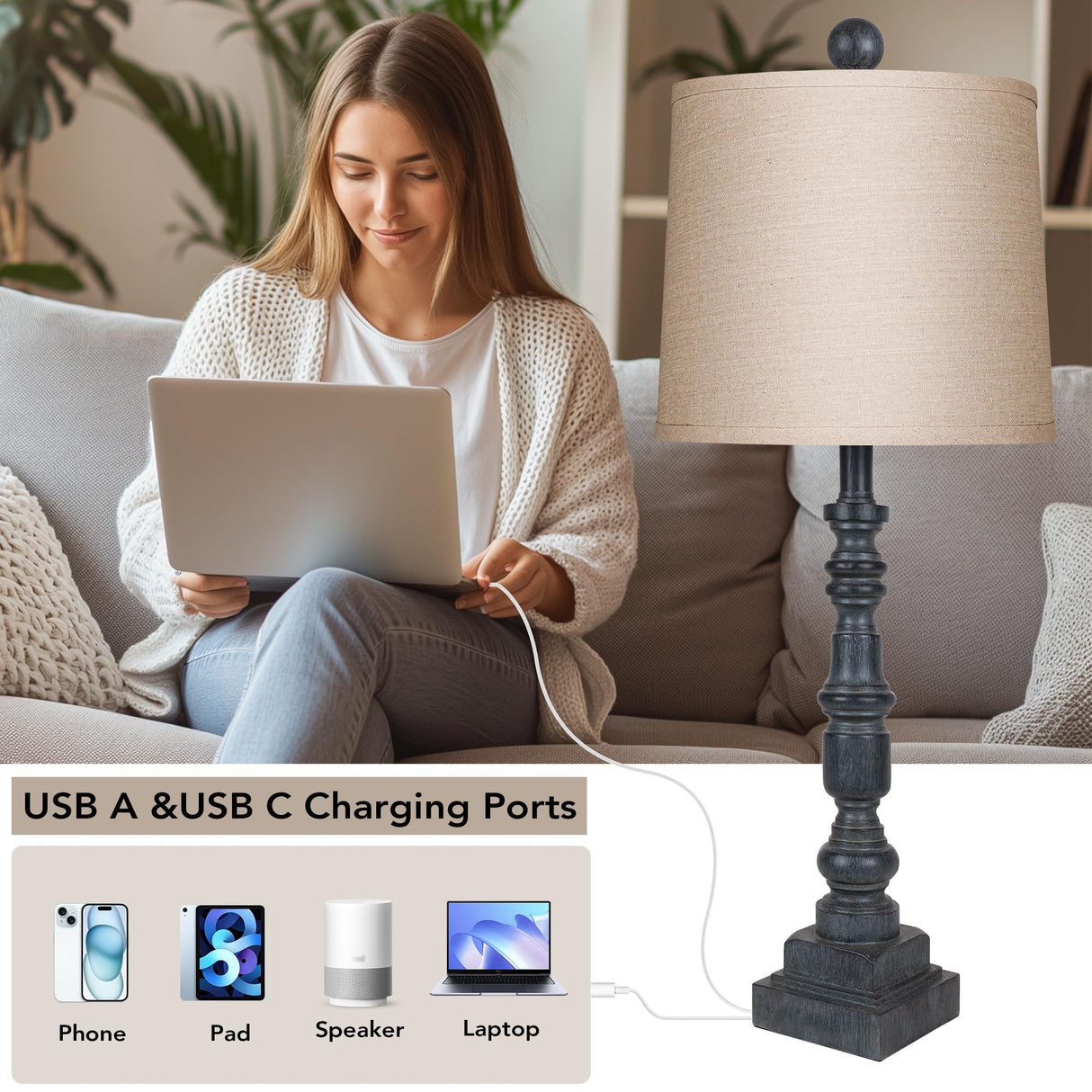28" Rustic Table Lamps Set of 2 with USB Charging Ports