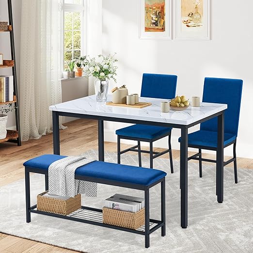 47.2" Faux Marble Dining Table Set for 4 with Velvet Chairs and Bench
