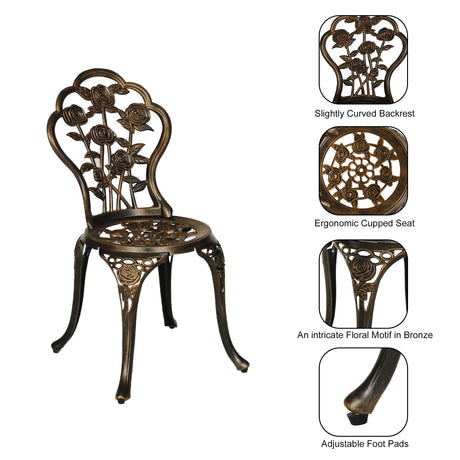 Aura Outdoor Cast Aluminum Bistro Set of 4, Patio Rose Table and Chair Set with Umbrella Hole for Balcony All Weather Resistant Bronze