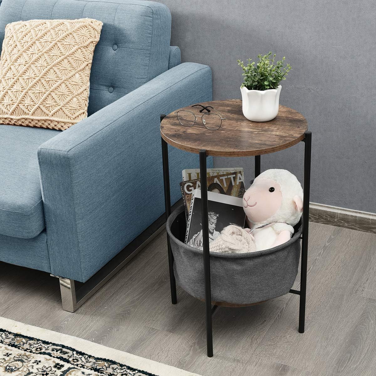 Side Table with Fabric Basket, Sofa Table with Metal Frame & Wood Top, Mufti-Functional