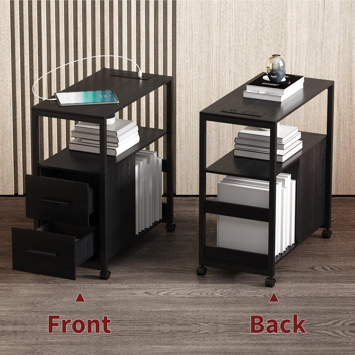 Side Table with Charging Station, End Table with Led Light, Black Nightstand with 2 Drawers, 3-Tier Storage, Wheels and USB Ports & Outlets for Bedroom