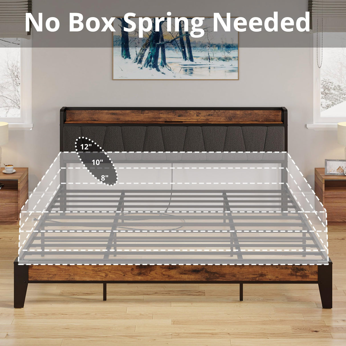 California King Bed Frames, Storage Headboard with Charging Station, Solid and Stable