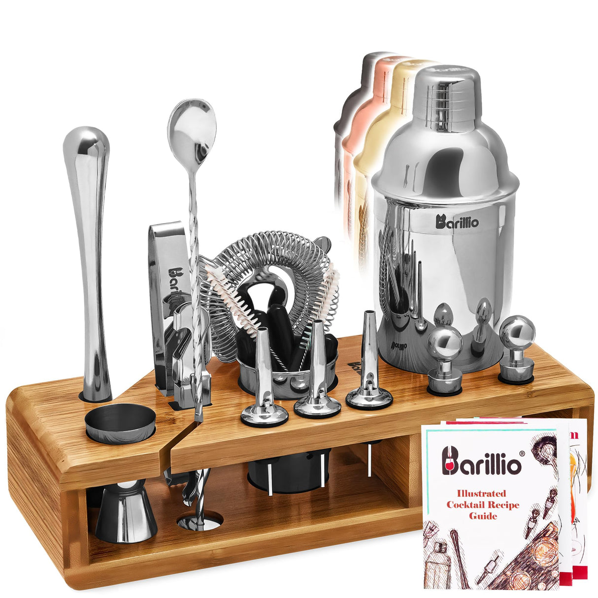 Bartender Kit - Stainless-Steel Cocktail Shaker Set w/Bamboo Stand