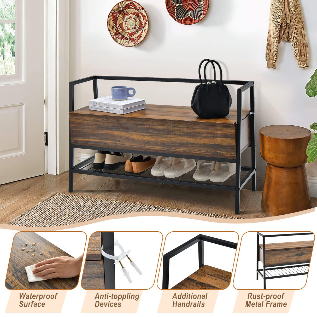 3-in-1 Shoe Storage Bench, Rustic Brown, Metal Frame,