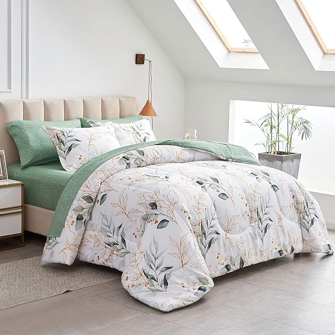 7 Piece Bed in a Bag King, Green Leaves Printed on White Botanical Design, Microfiber