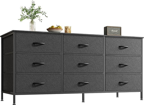 9 Drawer Dresser, 55 Inch Dresser TV Stand for 55, 60 Inch TV, Entertainment Center with Drawers, Large Storage Fabric Dresser for Bedroom, Closet, Rustic Brown