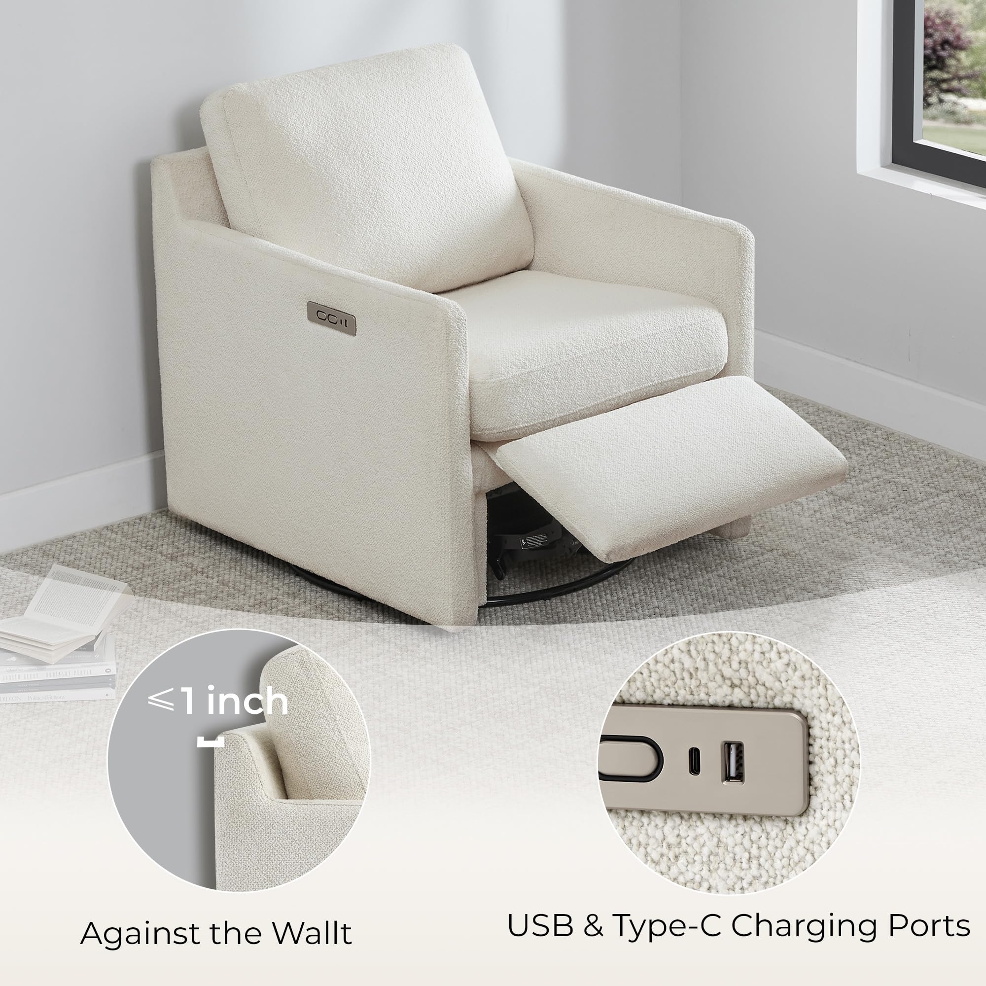 Swivel Accent Chair with Electric Footrests, FSC Certified Upholstered Living Room Sofa Chair with Power Motor, USB and Type-C Ports, Cream