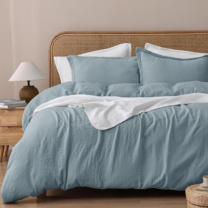 100% Natura Cotton Muslin Duvet Cover Set Queen Size, Ultra Soft Breathable Absorbent