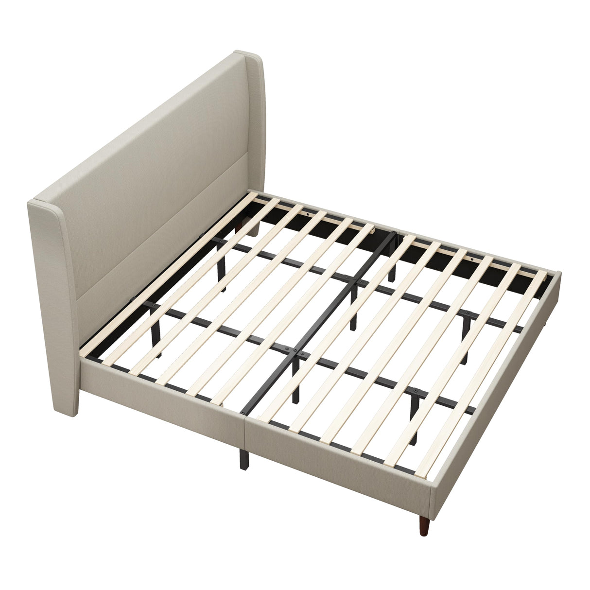 King Size Bed Frame,Linen Upholstered Platform Bed with Wingback Headboard