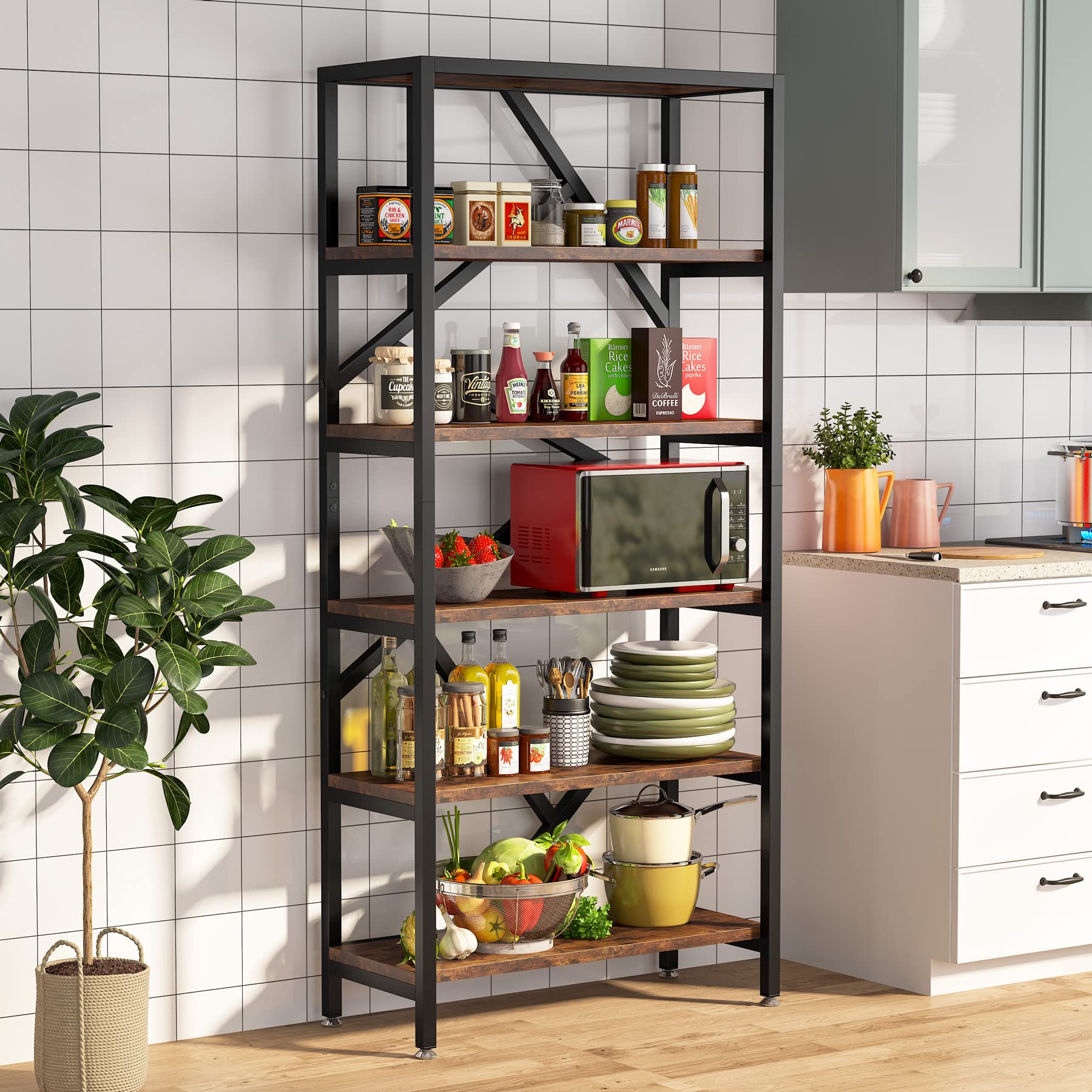 71 Inch Industrial Bookshelf, 6 Shelf Etagere Bookcase, Free Standing Open Book Shelves, Wood Shelving Units Organizer Rack for Living Room, Bedroom, Home Office (Brown & Black)