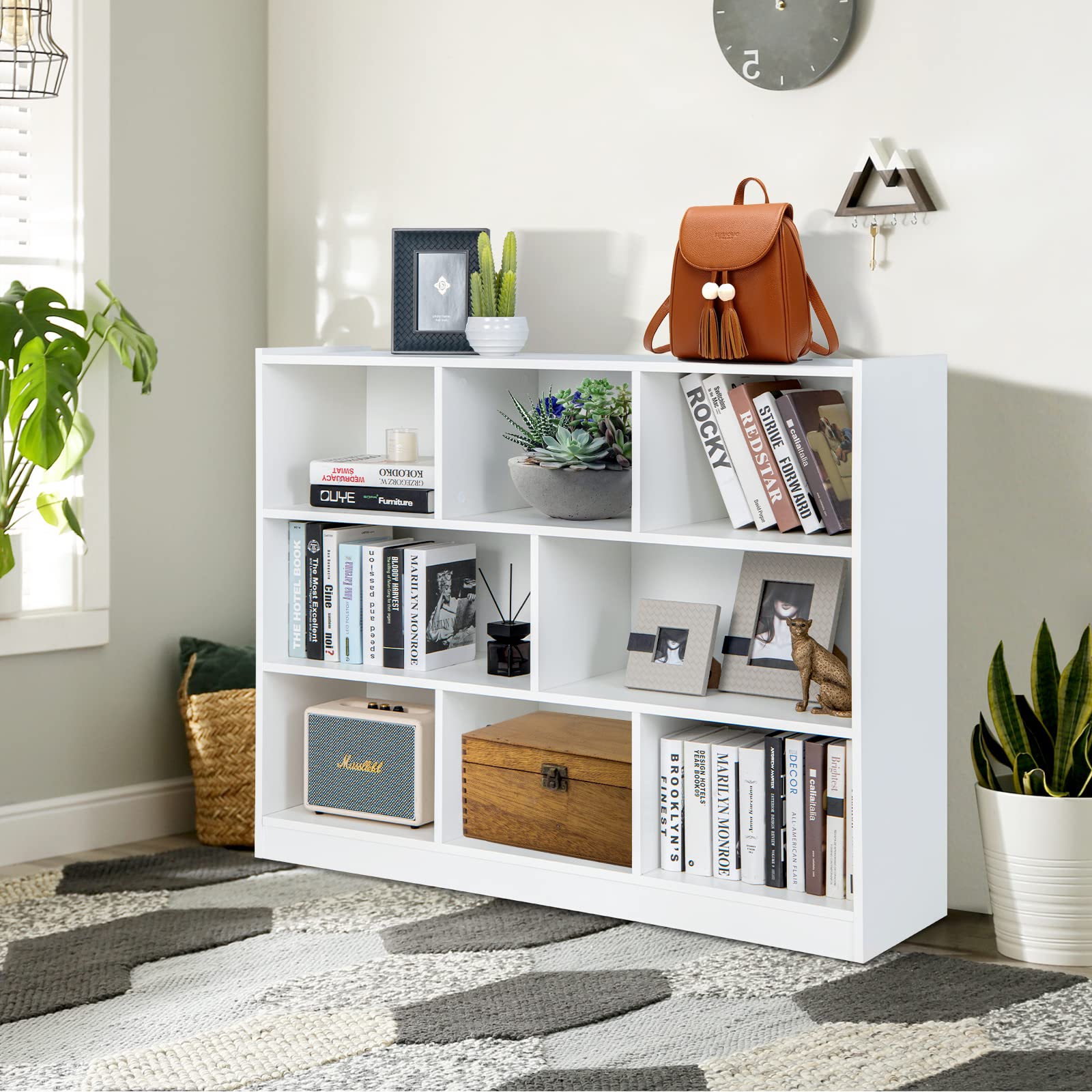 8 Cube Bookcase, Freestanding 3-Tier Open Bookshelf, Modern Storage Display Cabinet, Wood Cube Storage Organizer for Living Room, Kid’s Room, White