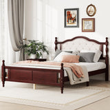 Queen Pine Wooden Bed with Upholstered Headboard - Classic Cherry