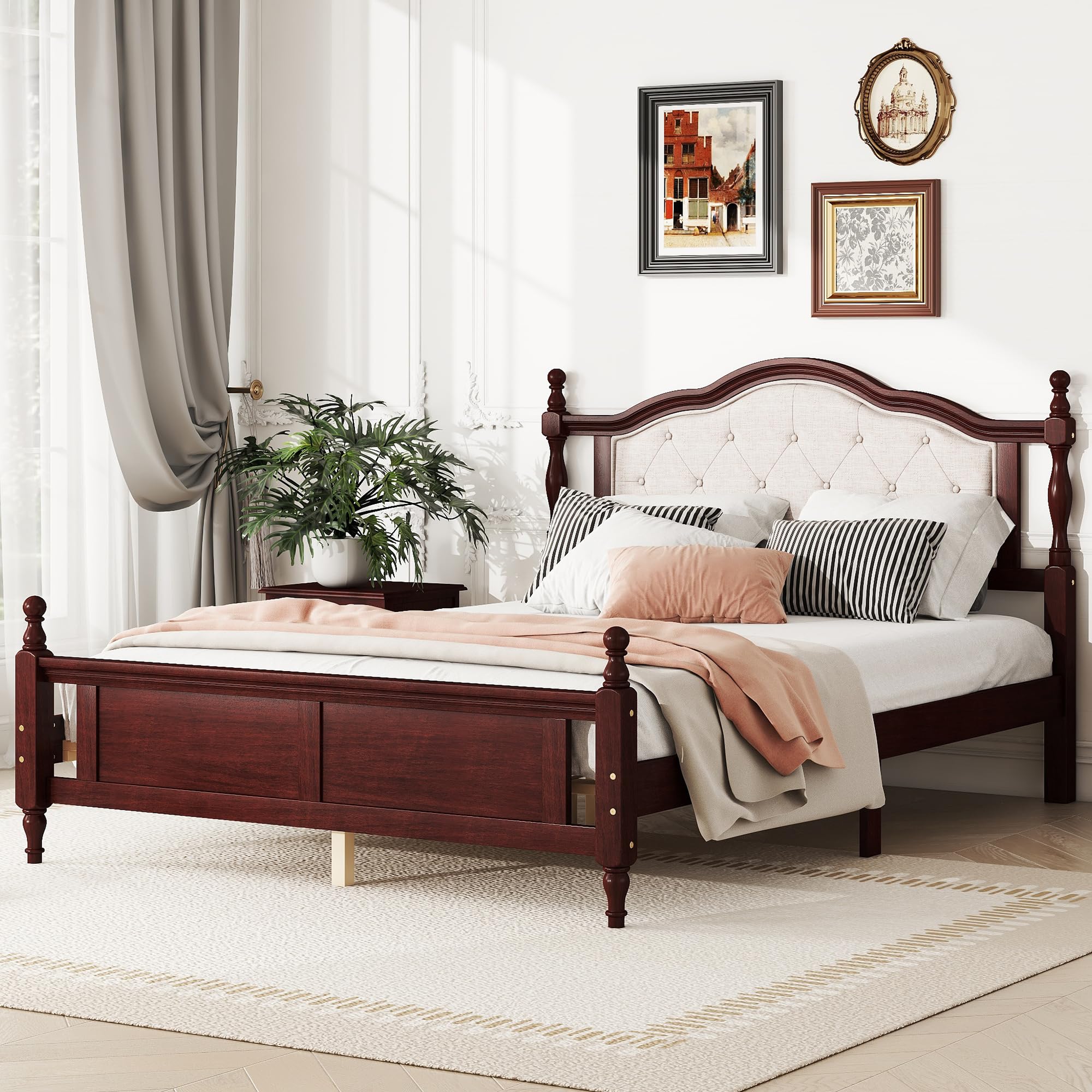 Queen Pine Wooden Bed with Upholstered Headboard - Classic Cherry
