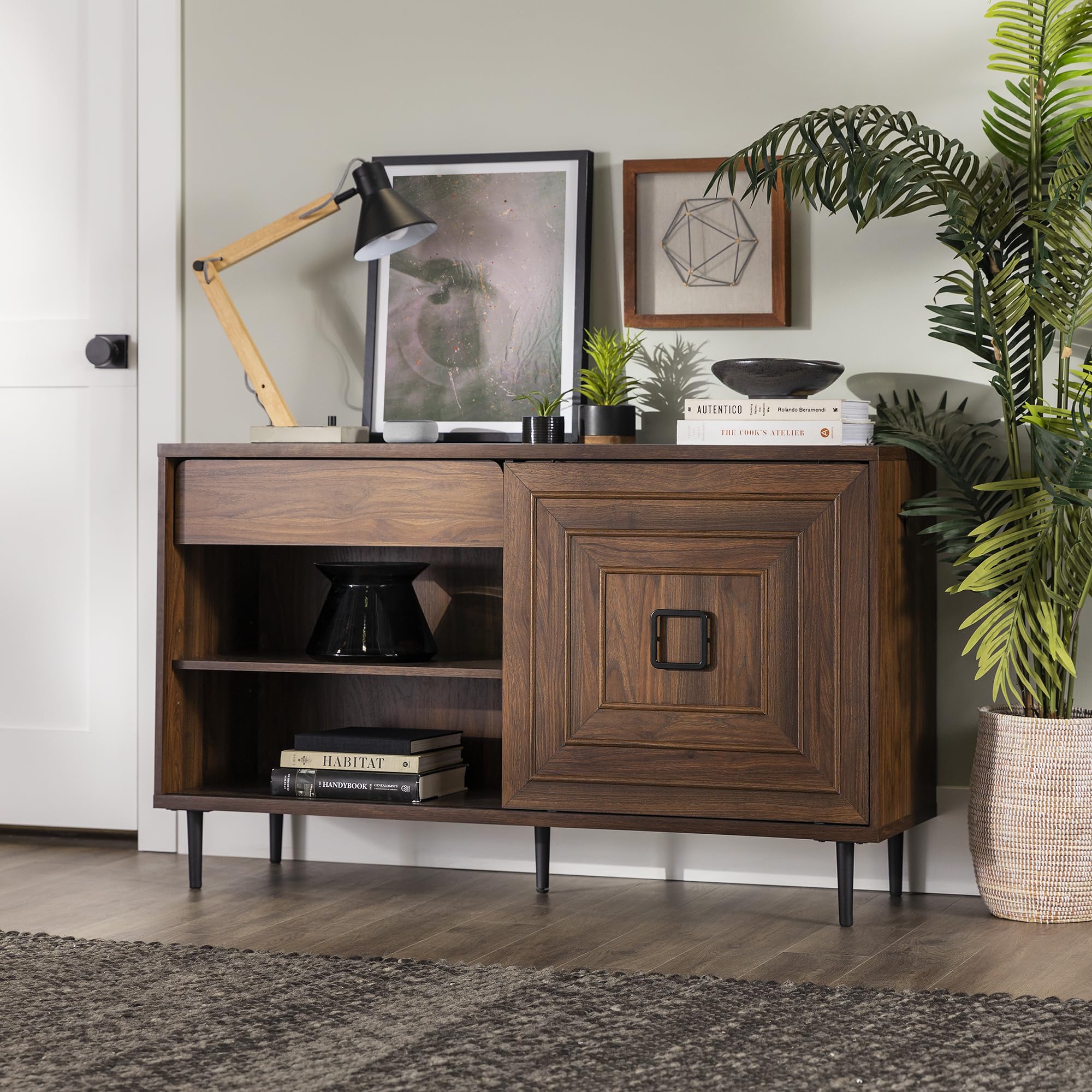 Mid-Century Modern Wood Kitchen Buffet Sideboard-Entryway Serving Storage Cabinet Doors