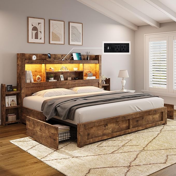 Queen Bed Frame with 4 Storage Drawer, LED Bed Frame with 49.6" Tall Bookcase