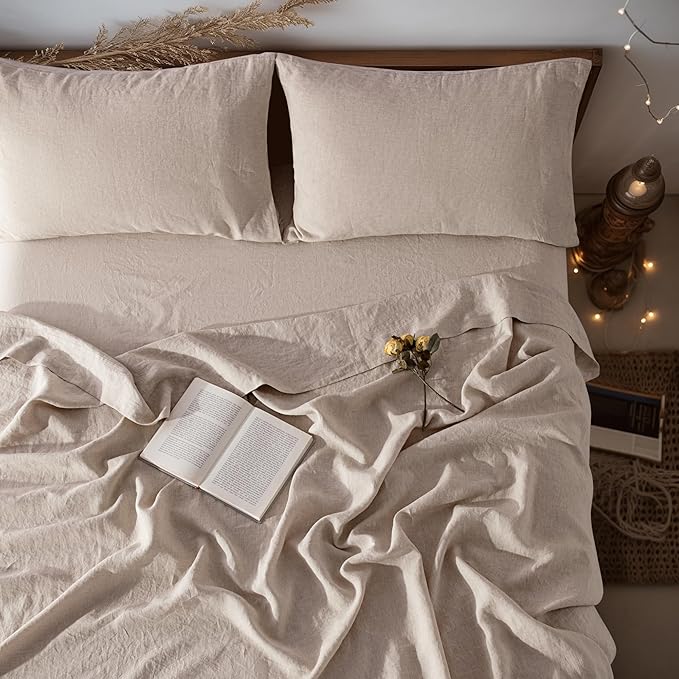 LBR02M 100% Linen Sheet Set King Size,Bed Sheets 4 Piece Sets, Solid Color Natural Flax Bed Sheets Soft Breathable Bedding,16" Deep Pocket,All Season (King, Linen)