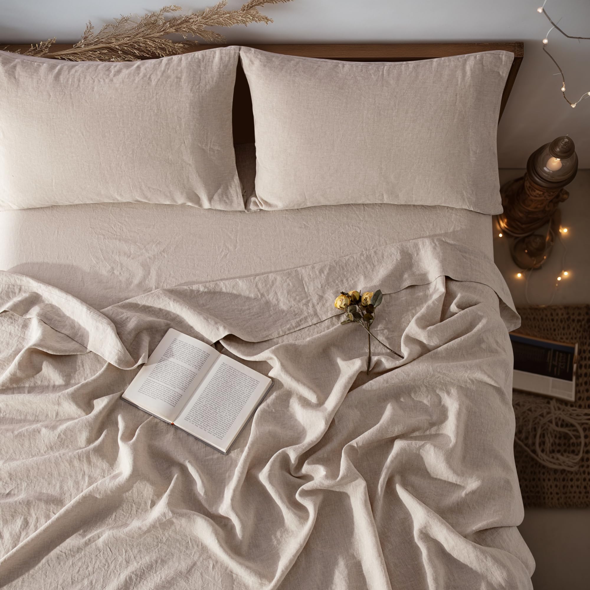 LBR02M 100% Linen Sheet Set King Size,Bed Sheets 4 Piece Sets, Solid Color Natural Flax Bed Sheets Soft Breathable Bedding,16" Deep Pocket,All Season (King, Linen)