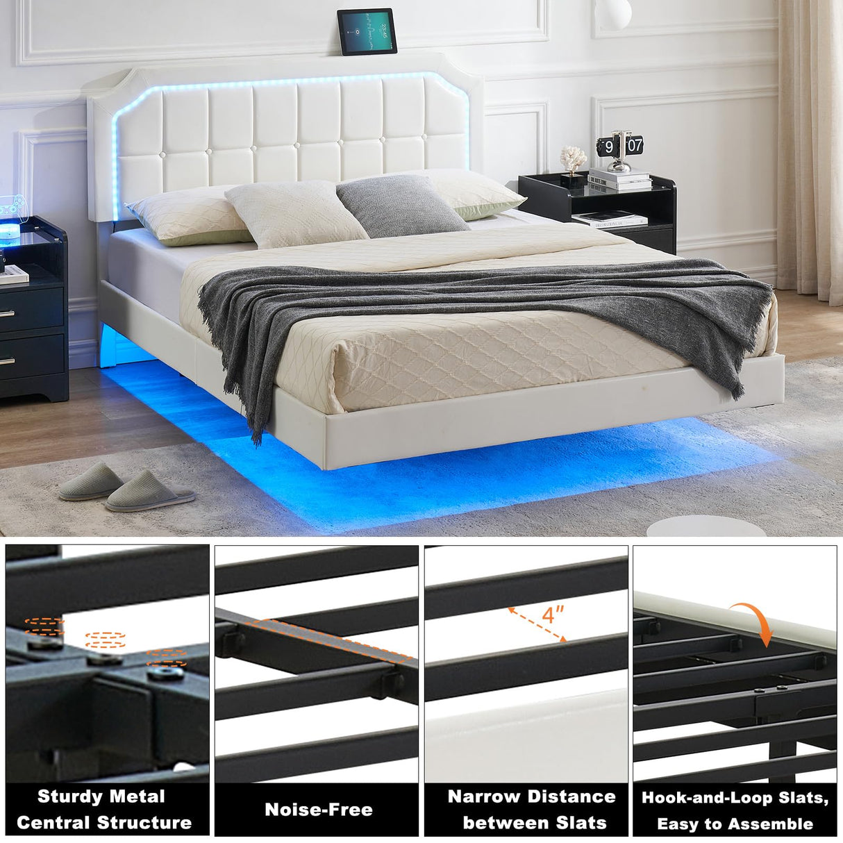 Floating Bed Frame, Full Size Floating Bed Frame with RGB LED Light Headboard