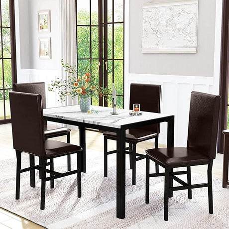 Kitchen Table and Chairs Set, Faux Marble Dining TableSet for 4,Modern DinnerTable