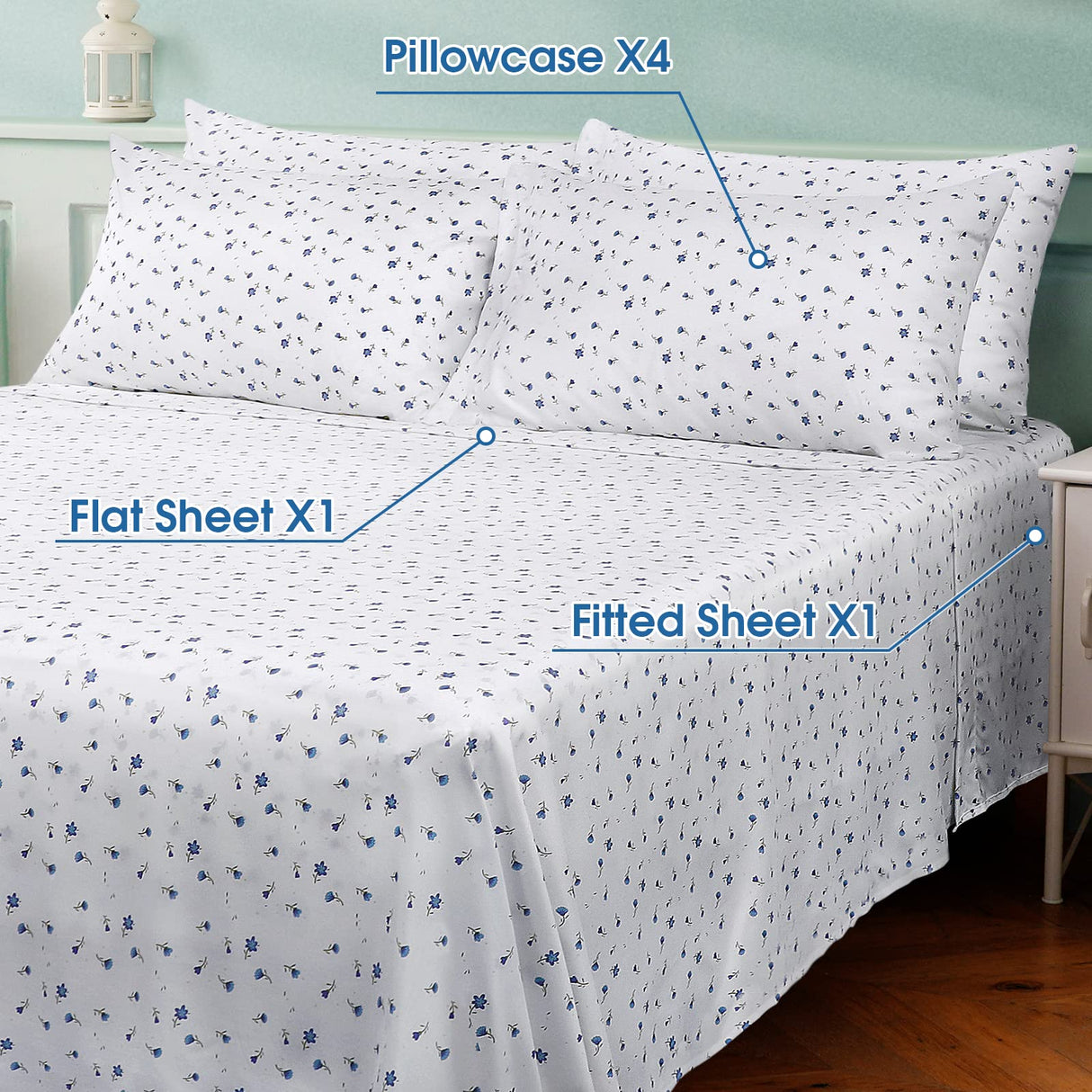 6 Piece Printed King Size Bed Sheets, Extra Soft Brushed Microfiber 1800 Bedding Pattern Sheets,