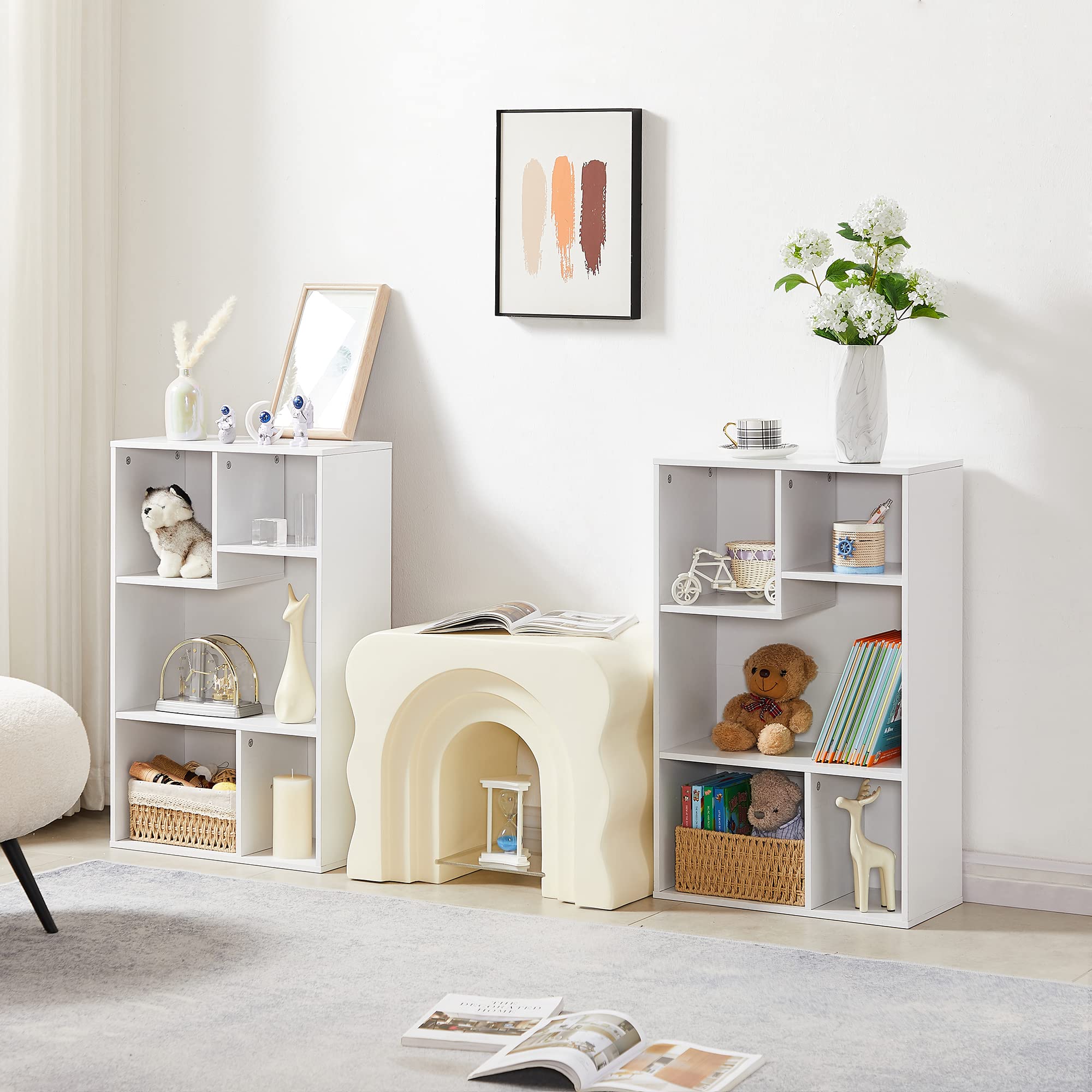 Small White Bookshelf, 5 Cube Shelf, Fits Tallest Hardcovers, Horizontal Available, Storage Organzier for Home Office, Pearl White