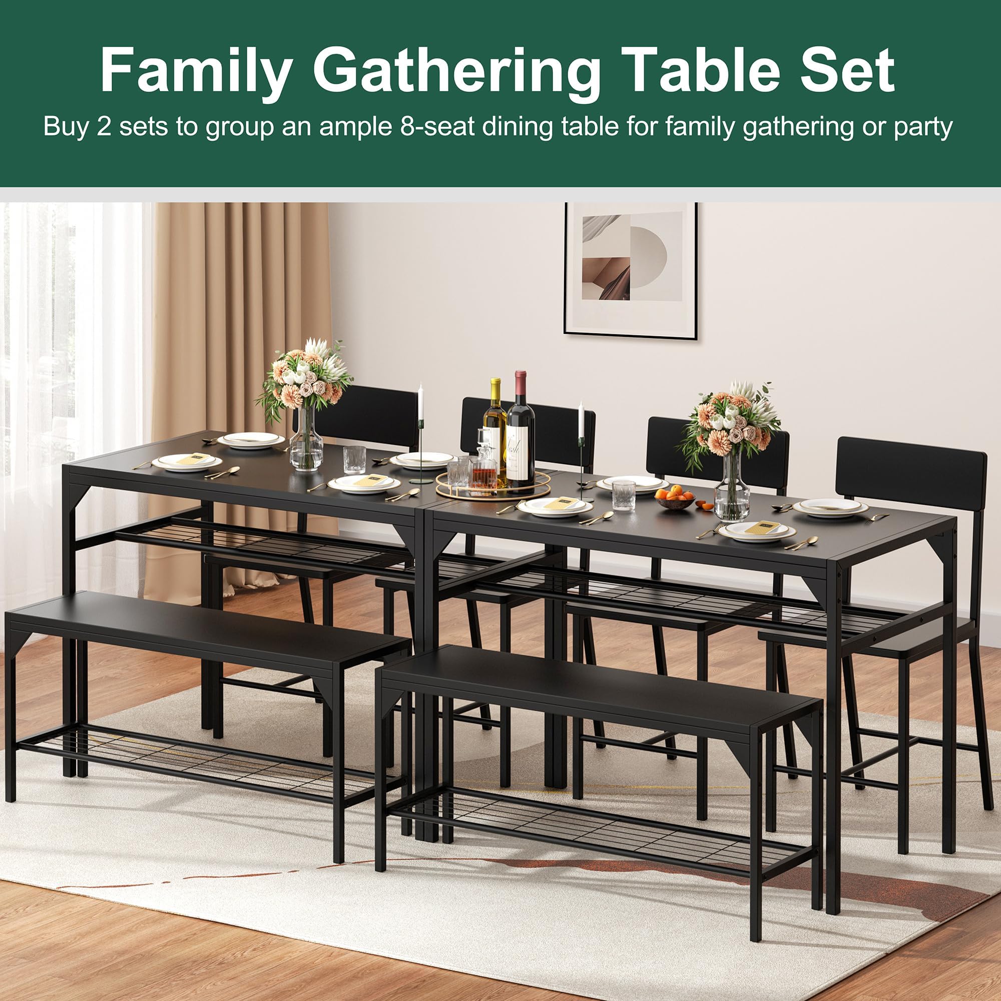 4-Piece Dining Table Set with Bench & Chairs - Black