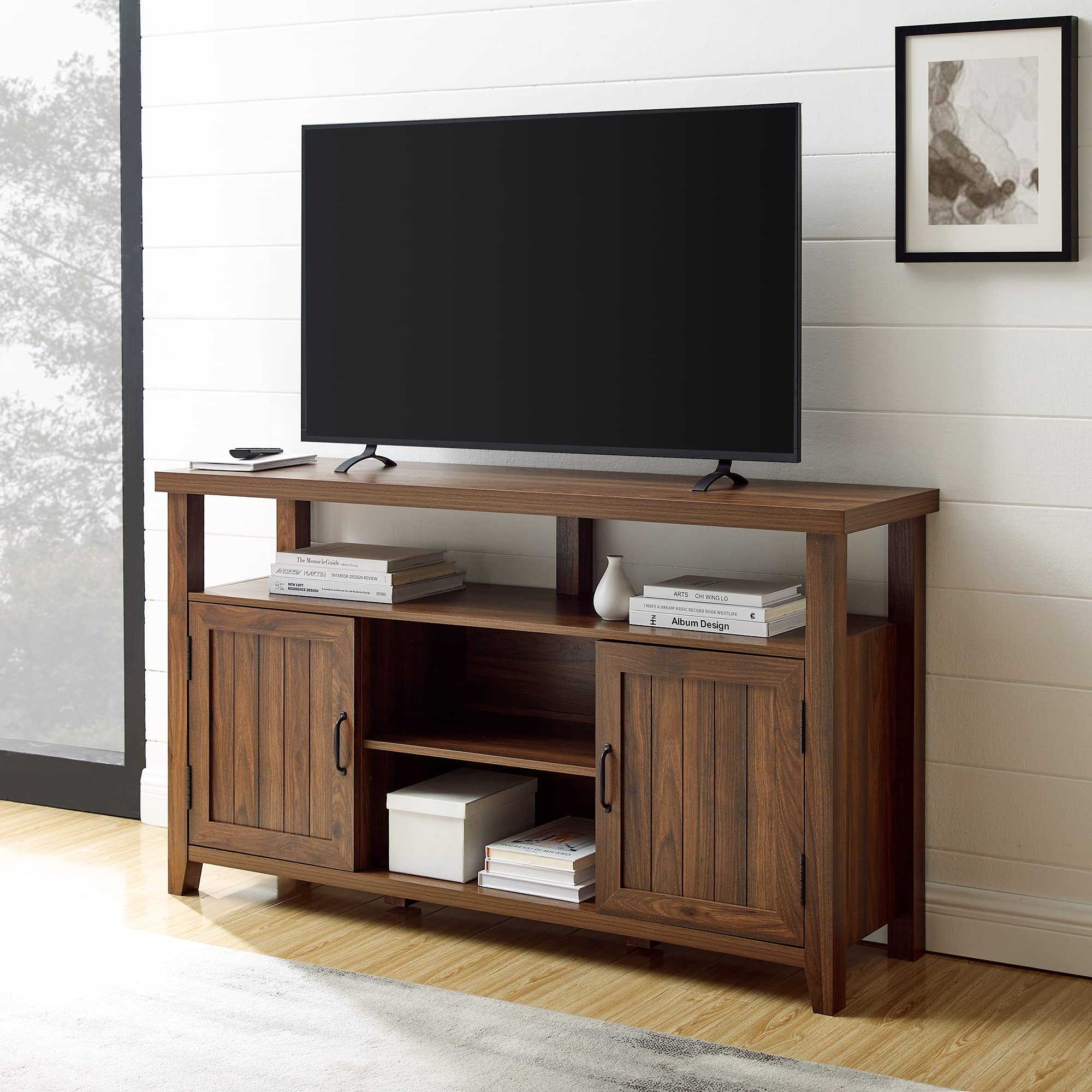 Kent Modern Rustic Grooved Door Tall TV Stand for TVs up to 65 Inches 58 Inch Dark