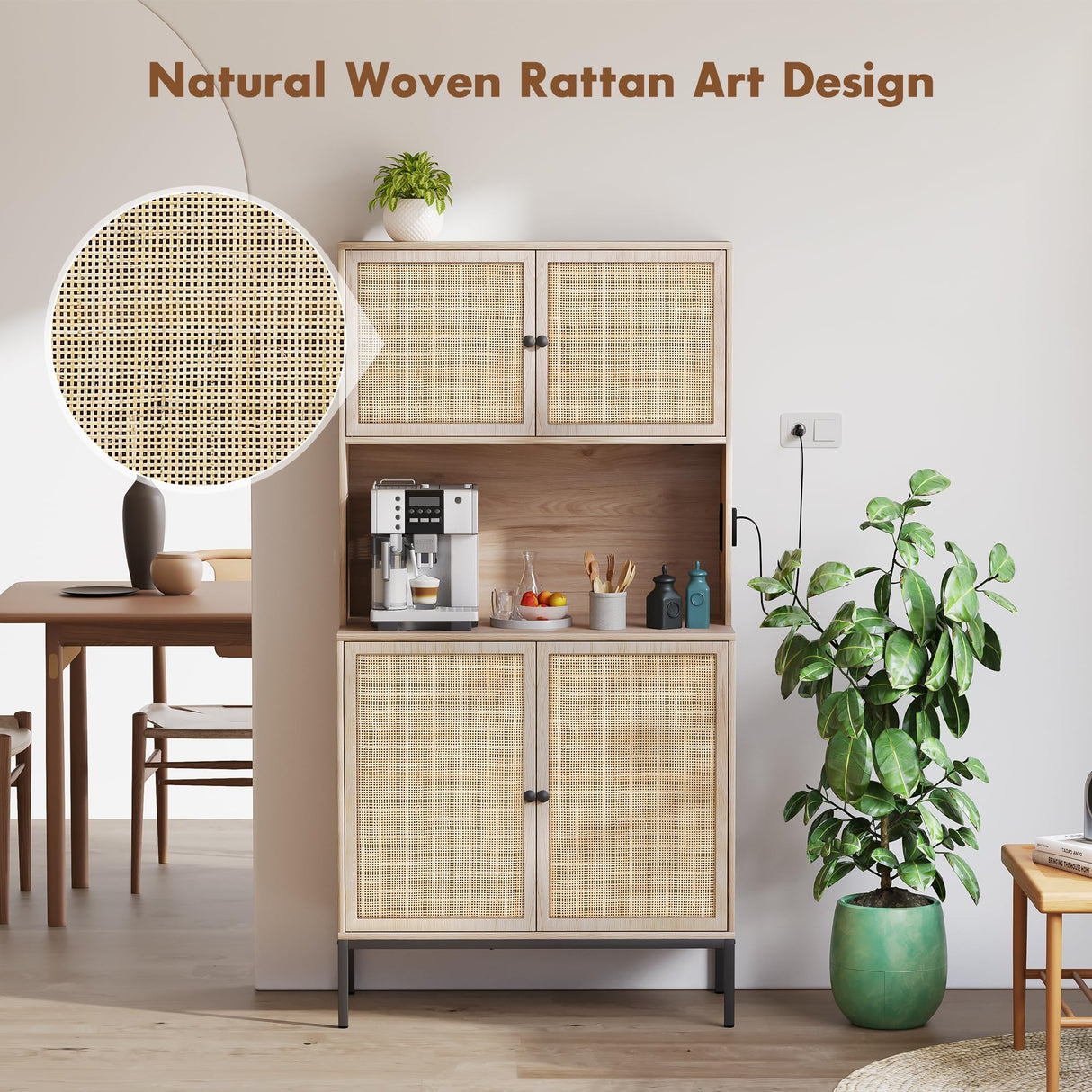 63" Kitchen Buffet with Hutch, Pantry Storage Cabinet with Handmade Natural Rattan