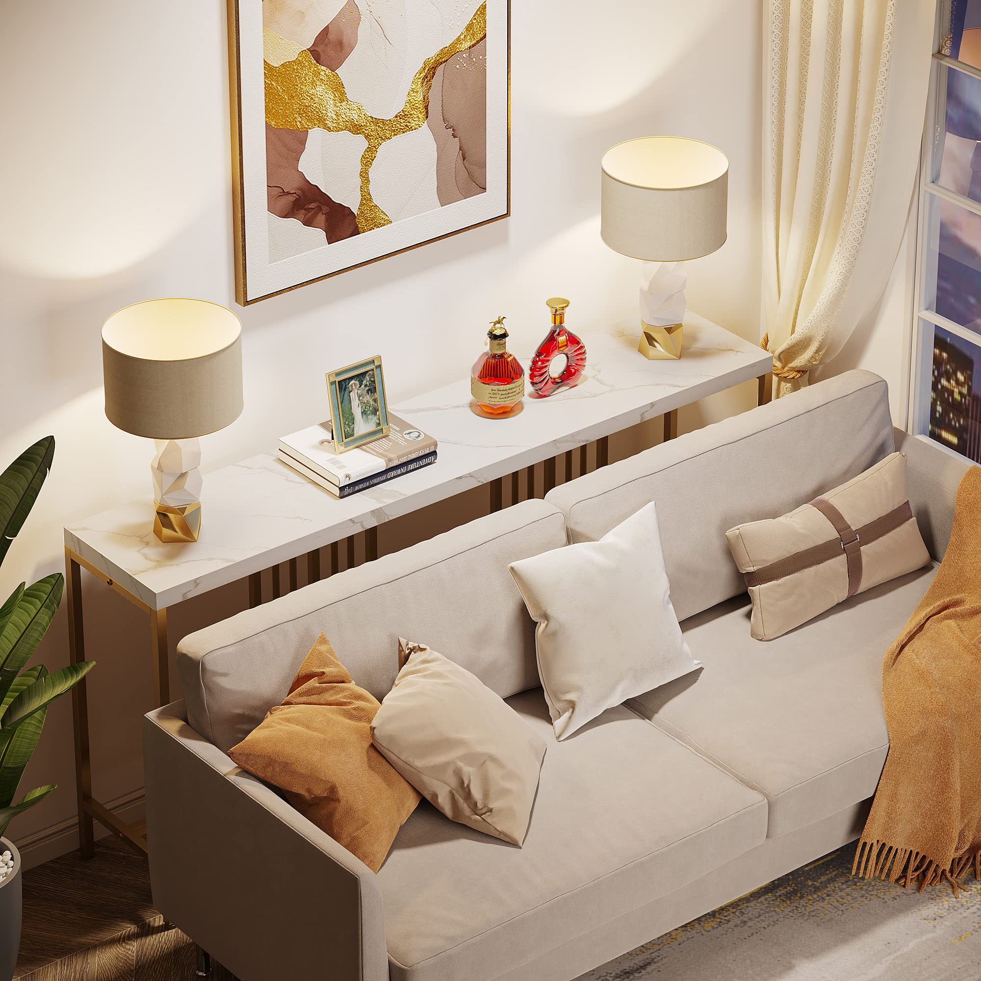 Long Sofa Console Table with a 70.9 inch Spacious Tabletop, White and Gold