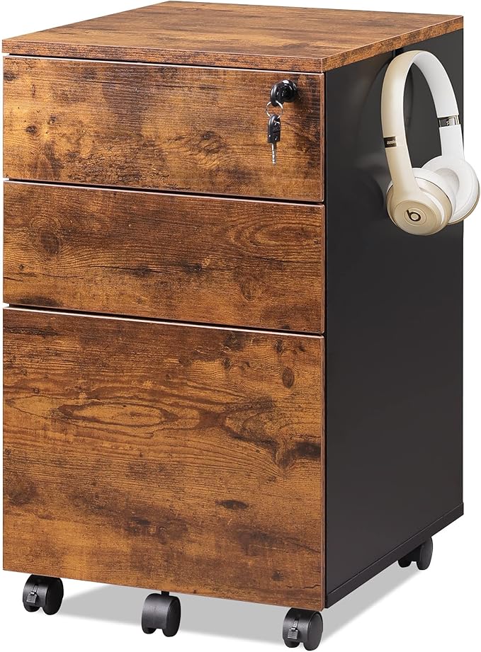 3 Drawer Rolling File Cabinet with Lock, Wood Under Desk Filing Cabinet fits