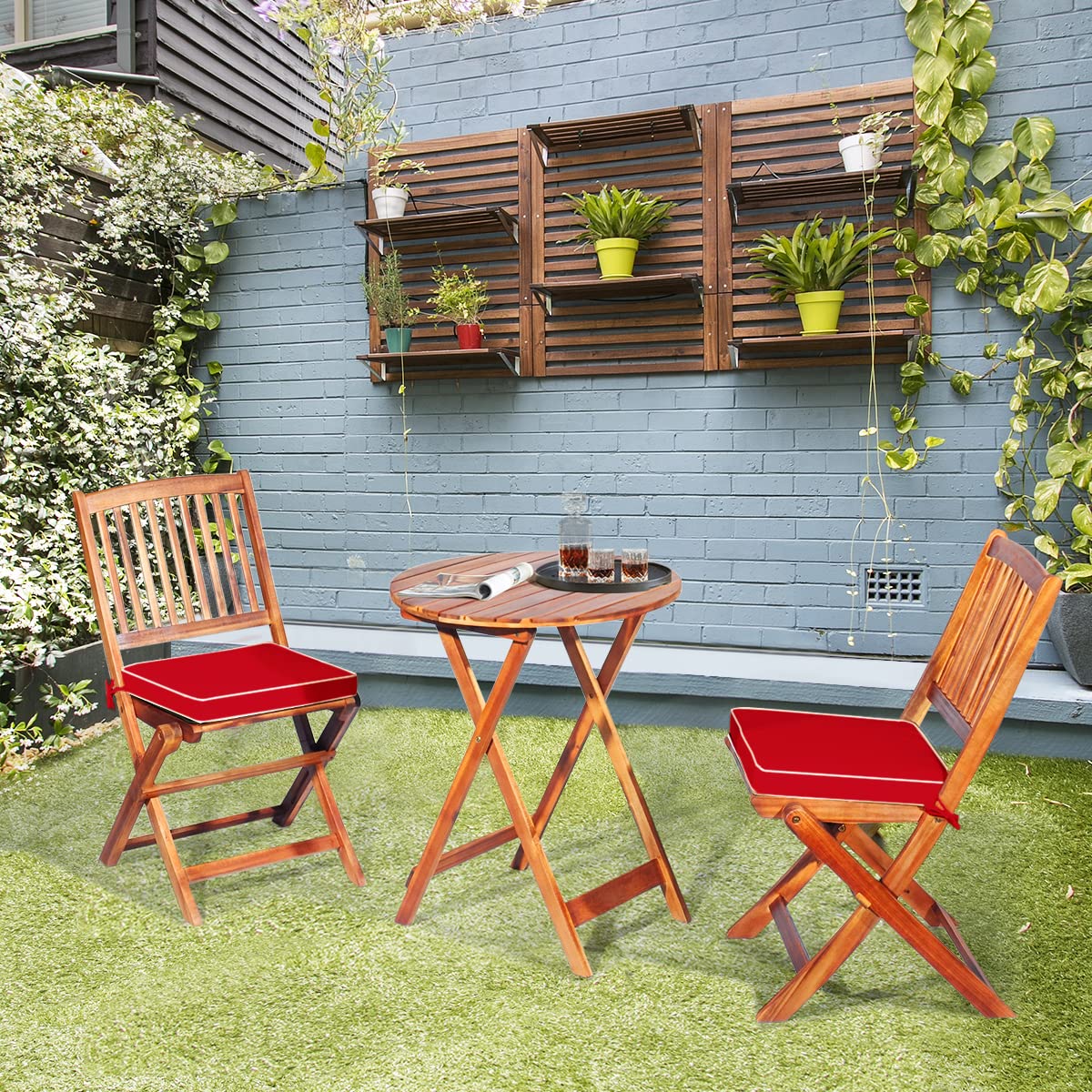 3Pcs Patio Bistro Set, Wood Folding Table Set, 2 Cushioned Chairs for Garden Yard