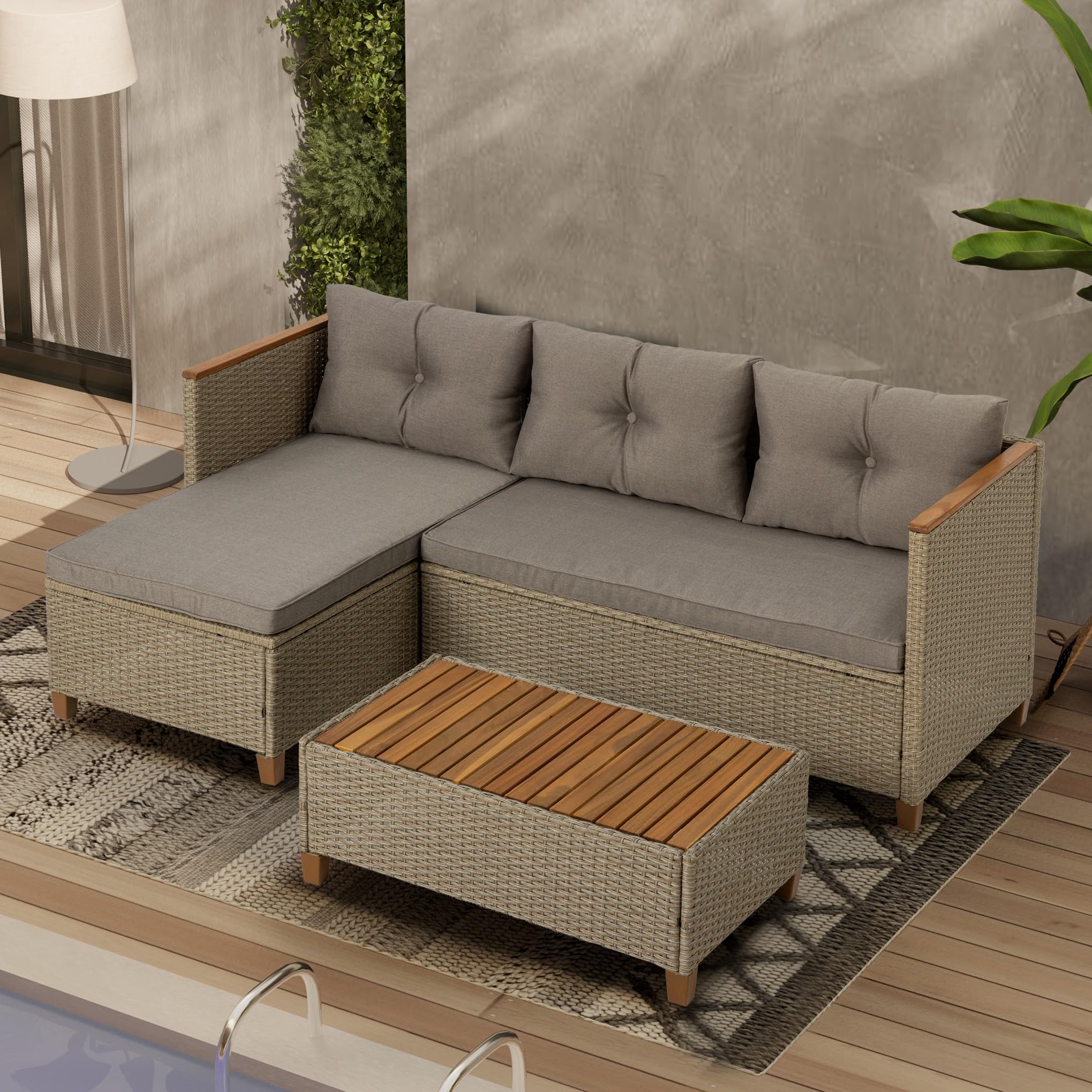 Patio Furniture Set 3 Piece Outdoor Sectional Sofa Couch All Weather Rattan Wicker