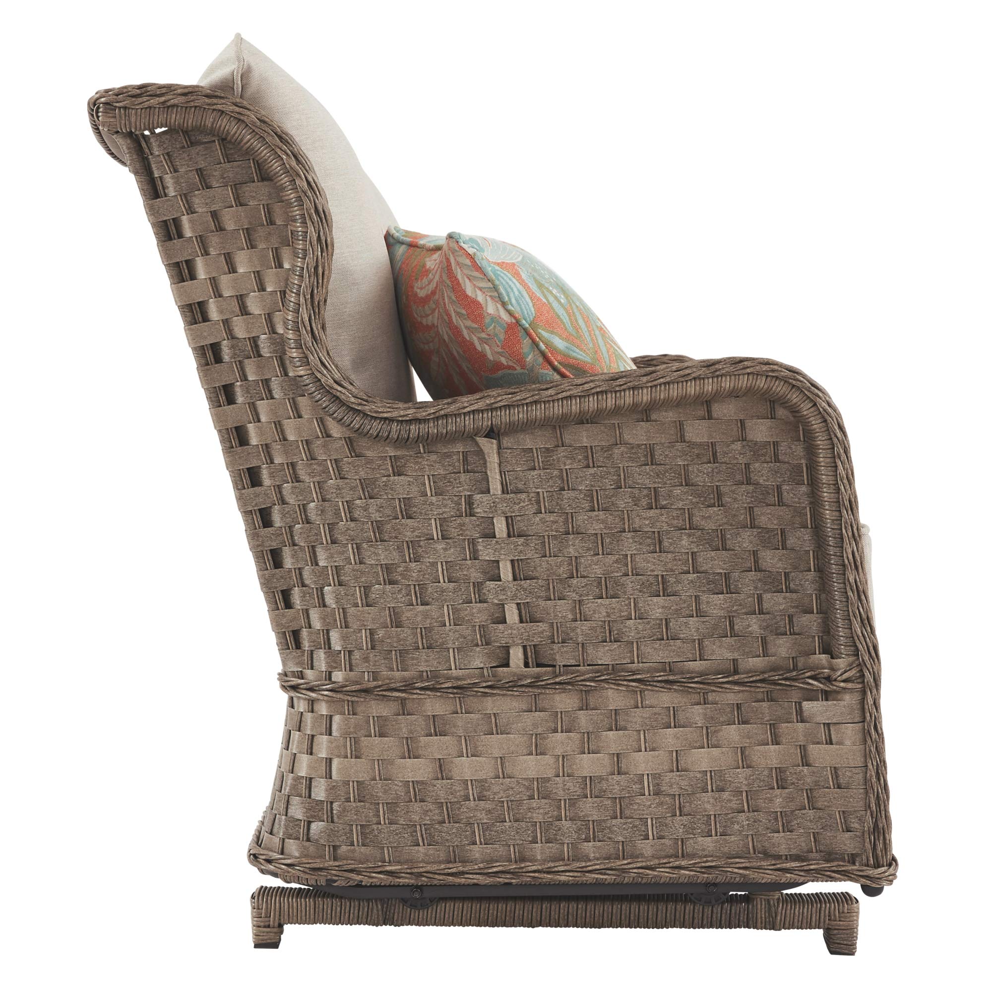 by Ashley Clear Ridge Outdoor Handwoven Wicker Cushioned Loveseat Glider with 2 Throw Pillows, Light Brown