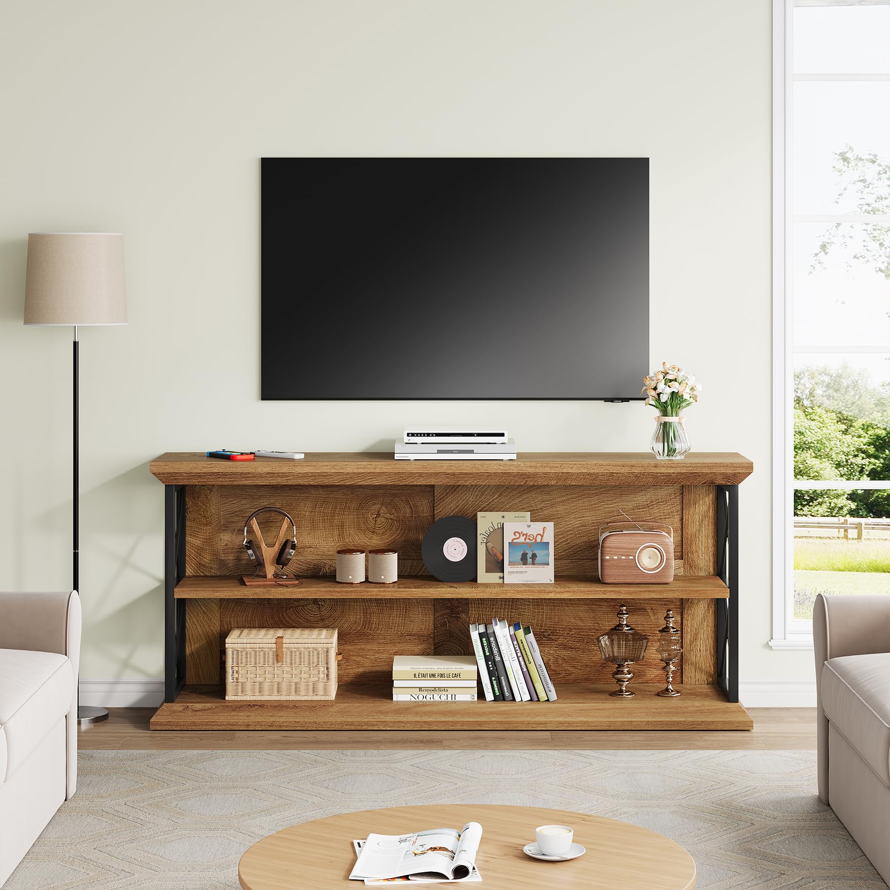 63 Inch Console Table with 3-Tier Storage - Oak Brown