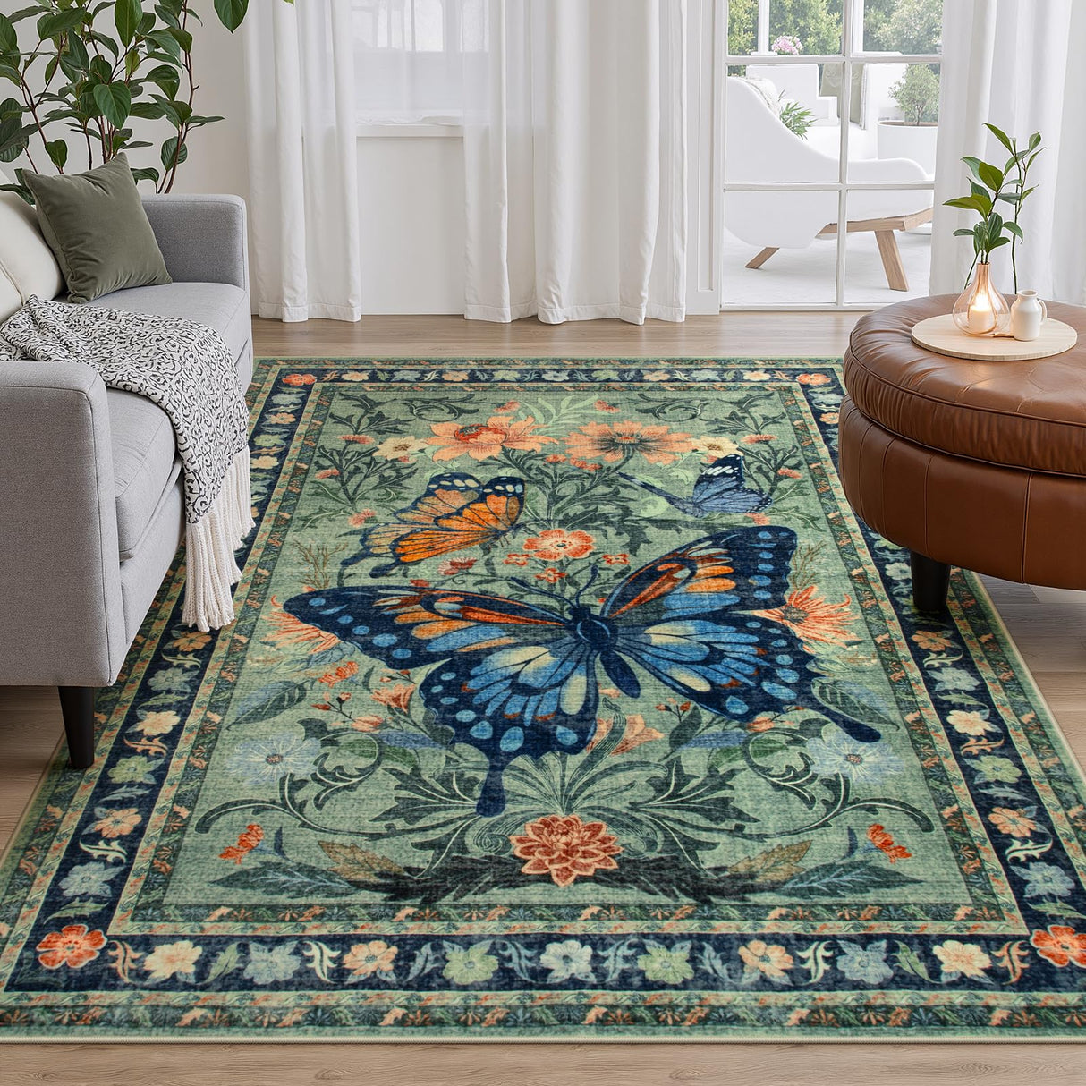 Washable Living Room Rug, Butterfly Area Rugs 5x7 Green Floral Area Rug,