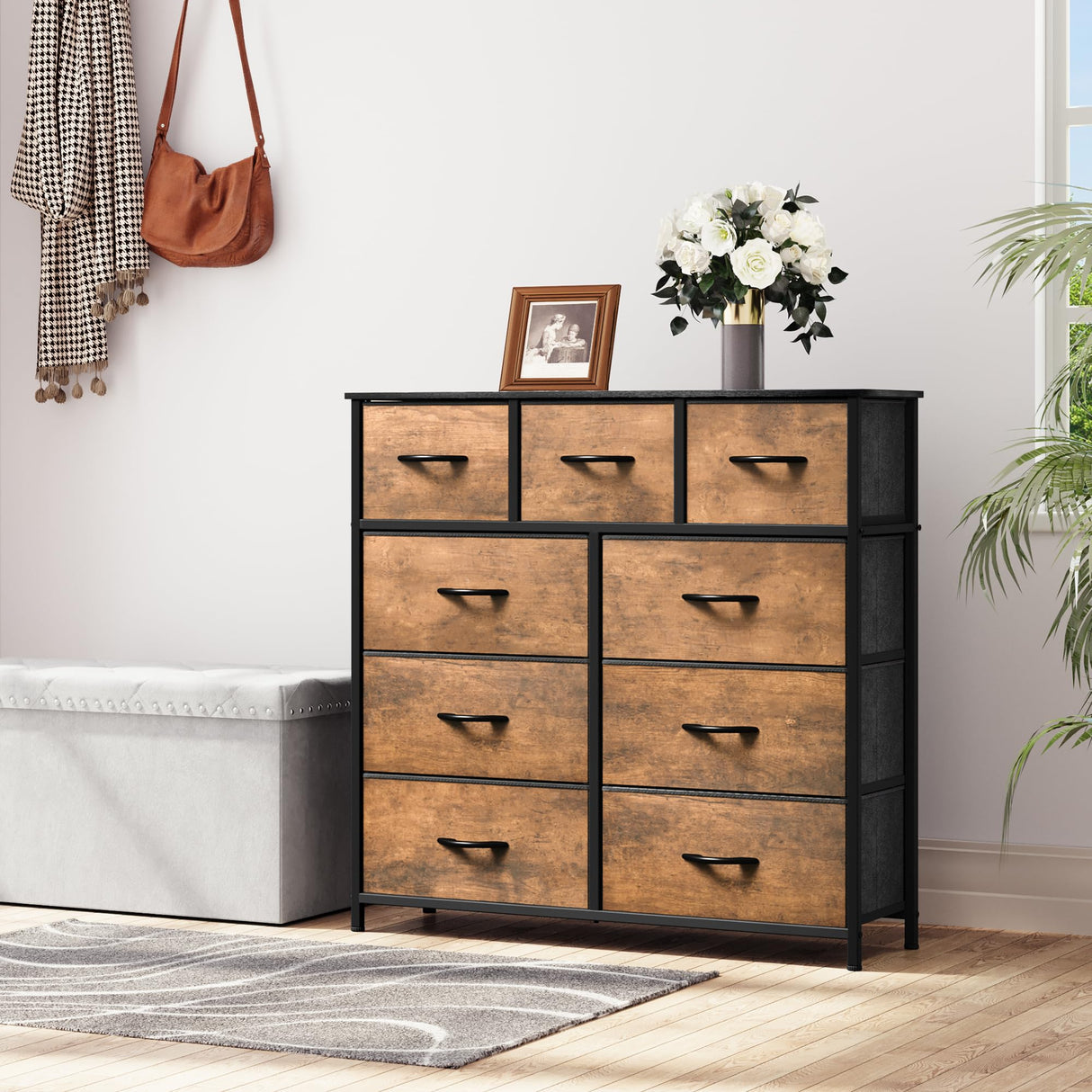 Dresser for Bedroom with 9 Drawers - Fabric Storage Tower