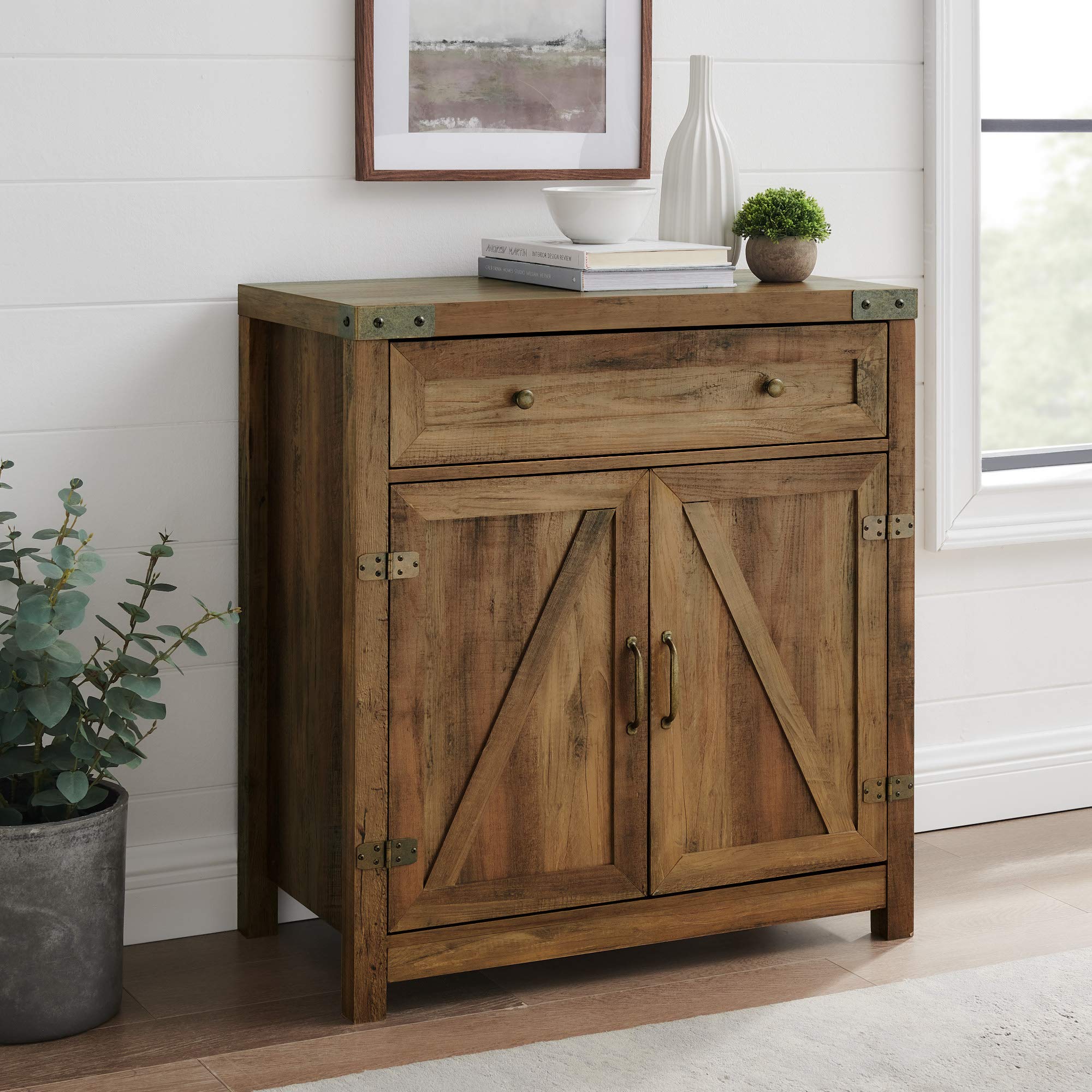 Cass Modern Farmhouse Double Barn Door Accent Cabinet, 30 Inch, Rustic Oak