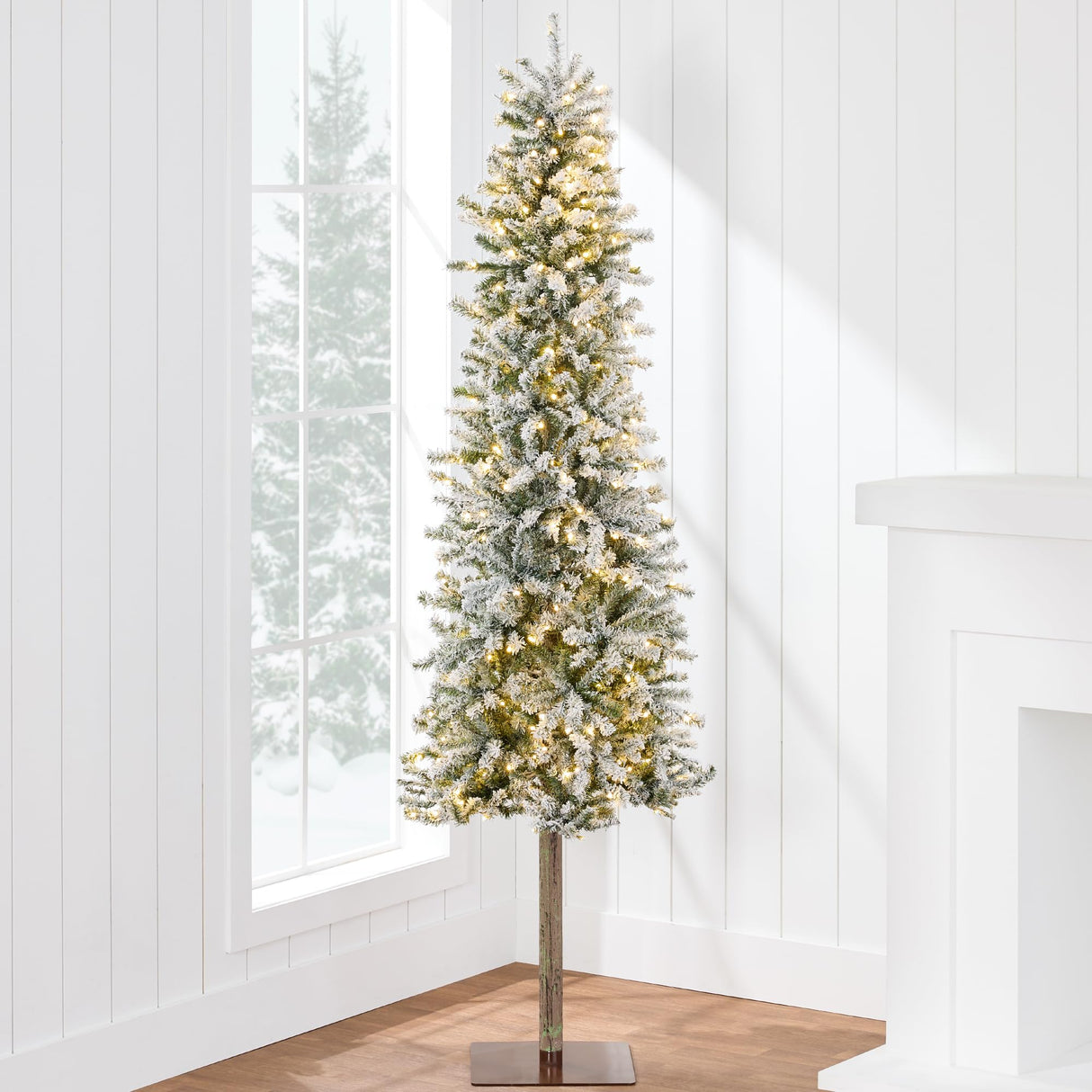 Flocked Pencil Christmas Tree 6ft Pre-lit Alpine Slim Holiday Decoration