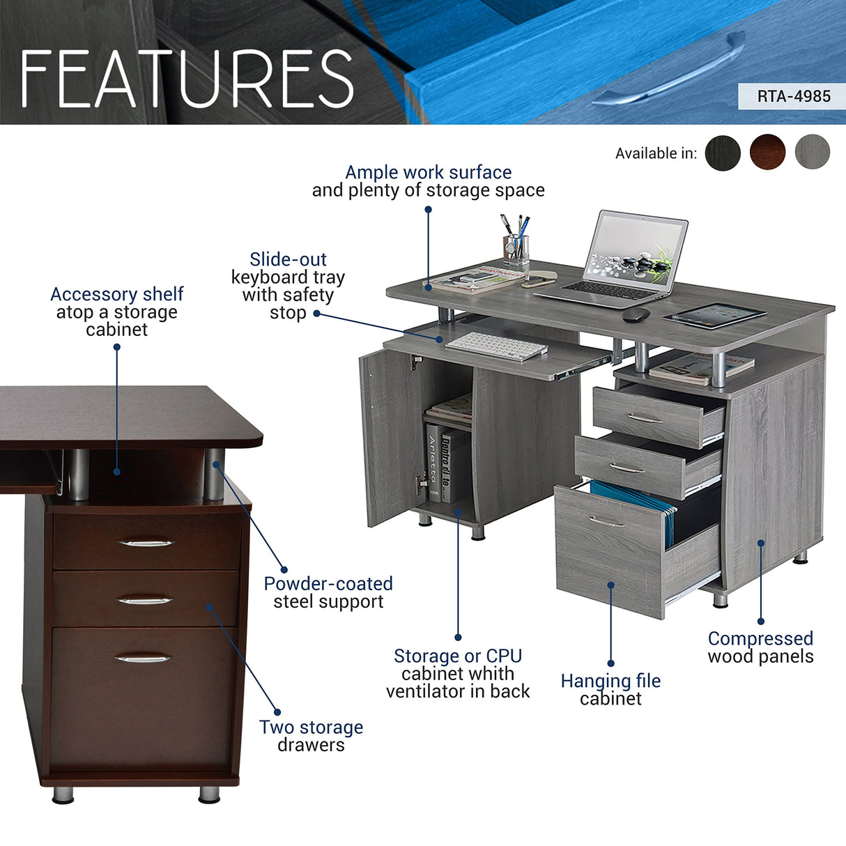 47.25" Ergonomic Computer Drawers & File Cabinet for Home Office Storage