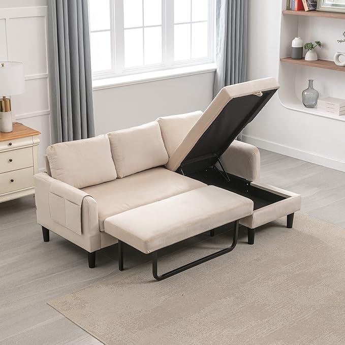 Sofa Bed with Reversible Chaise Longue, Beige Modern L-Shaped Couch