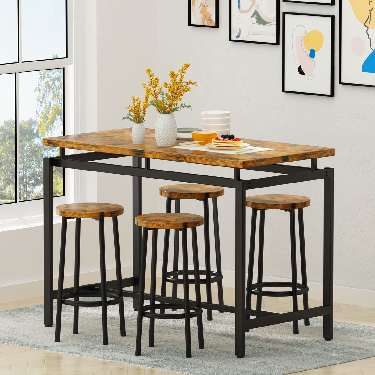 5 Pcs Dining Table Set, Industrial Kitchen Table and Chairs for 4, Bar Table Set Height