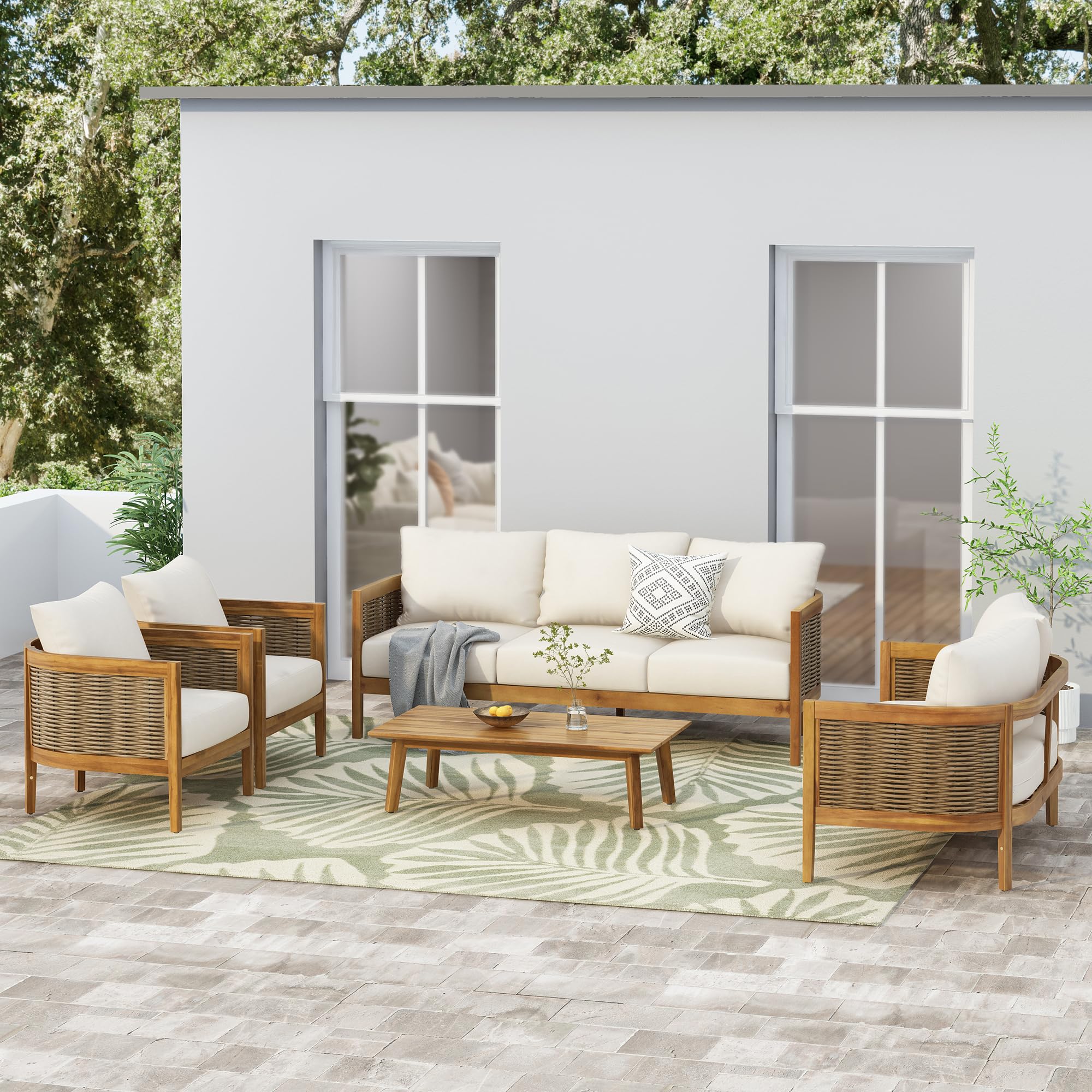 5-Piece Outdoor Acacia Wood Wicker Conversation Set with 3 Seater Sofa
