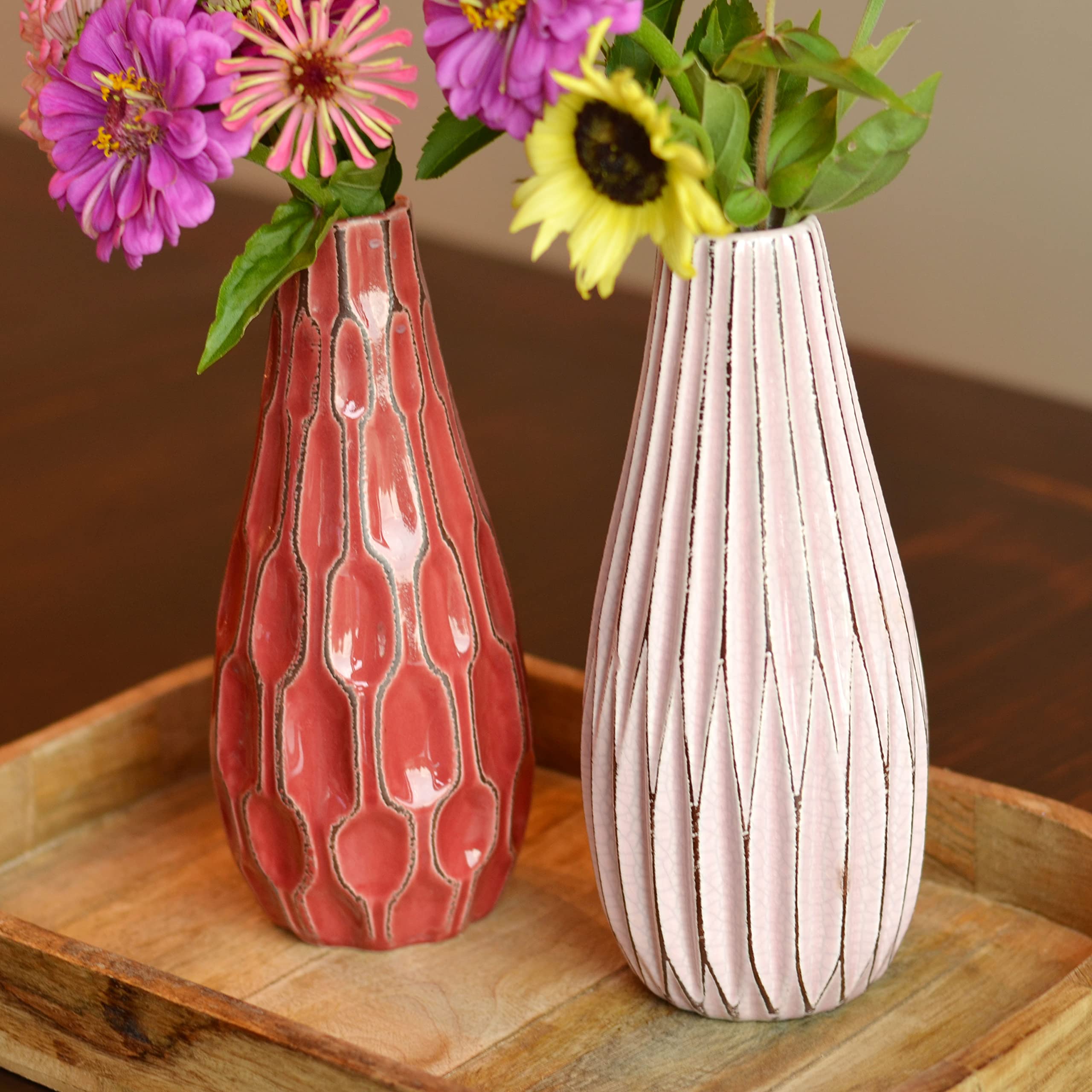 Iconic Scandi Vases, Set of 2, Fluted, Pink, Mauve and Dusty Rose, Crackle Suffused,