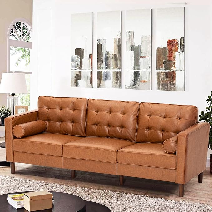 Premium Faux Leather 3-Seat Sofa w/Two Bolster Pillows and Tufted Backrest