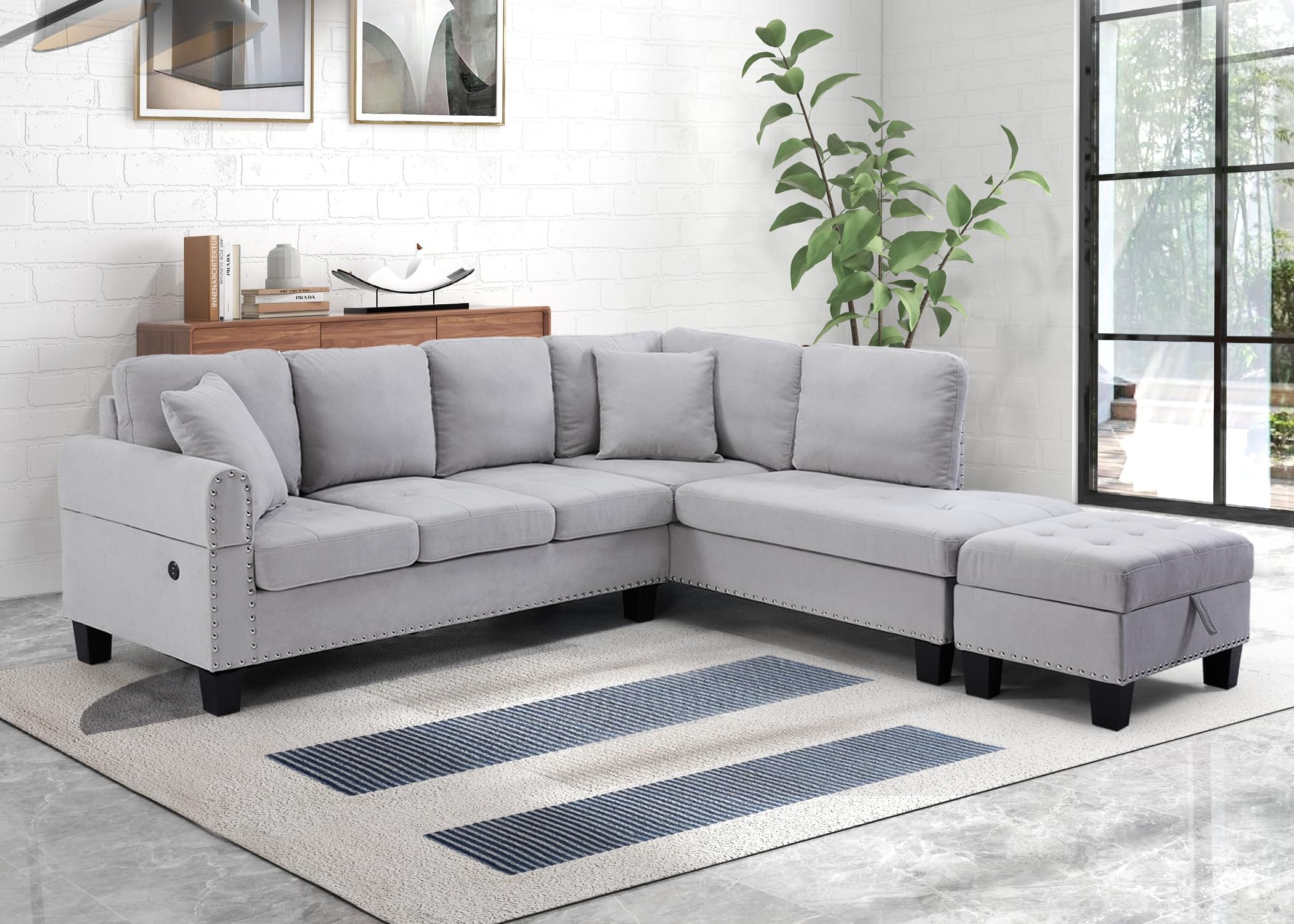 CANMOV 5-Seat Sectional Sofa with Chaise, Storage Ottoman, USB & Cup Holders