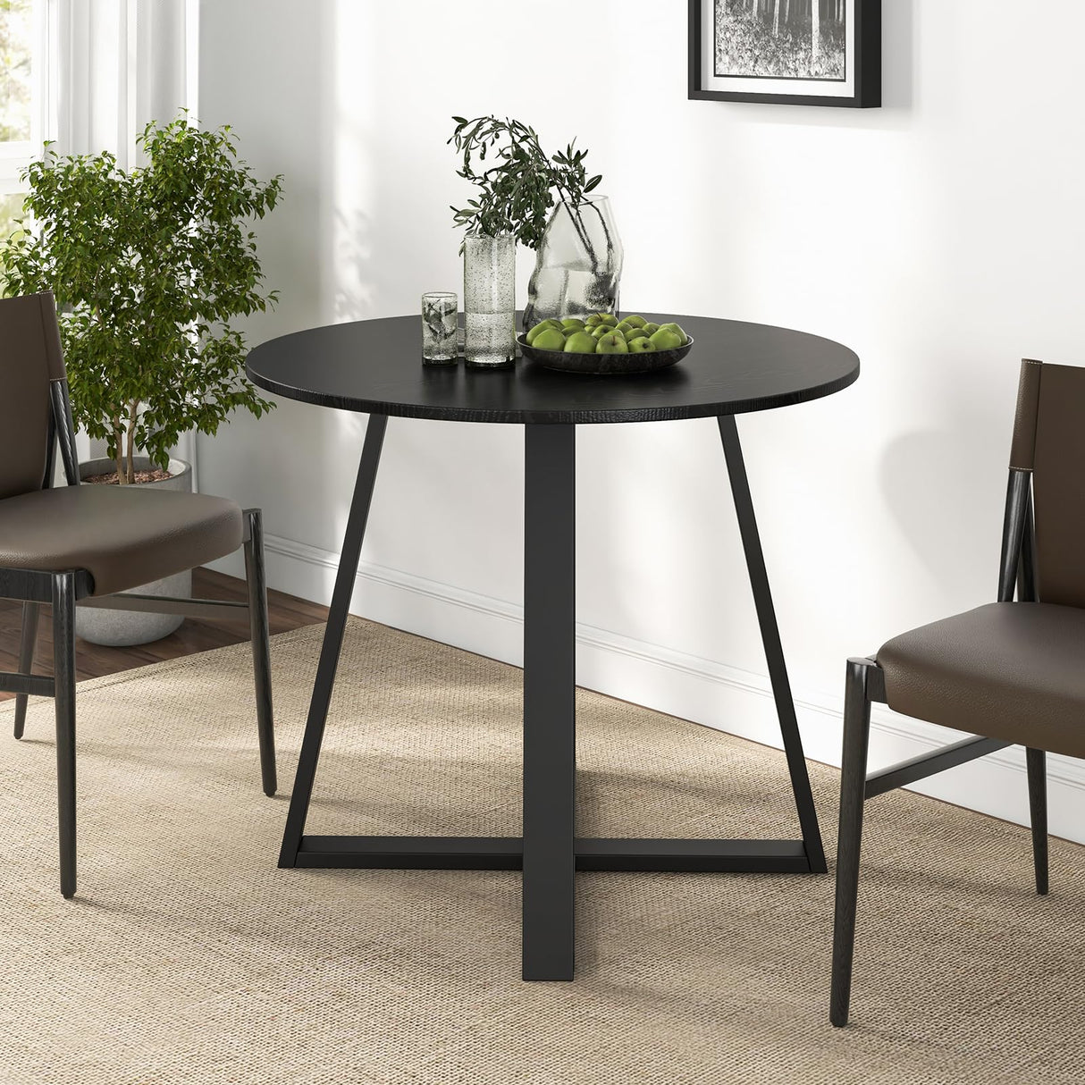 36 Inch Round Table, Kitchen Table for 4 People with Rubber Wood Frame, Pedestal Base