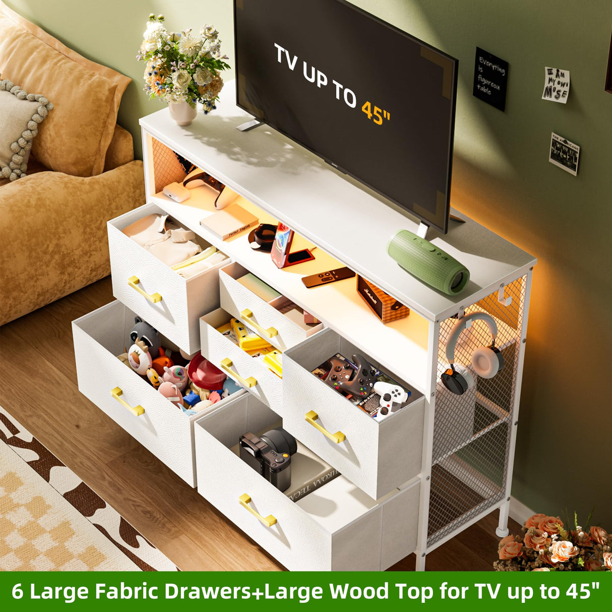 White Dresser for Bedroom Dresser, TV Stand with 6 Drawers, Bedroom Dresser with Power Outlets and LED Light, Fabric Dressers & Chests of Drawers with Shelves, Side Pockets & Hooks for 45" TV