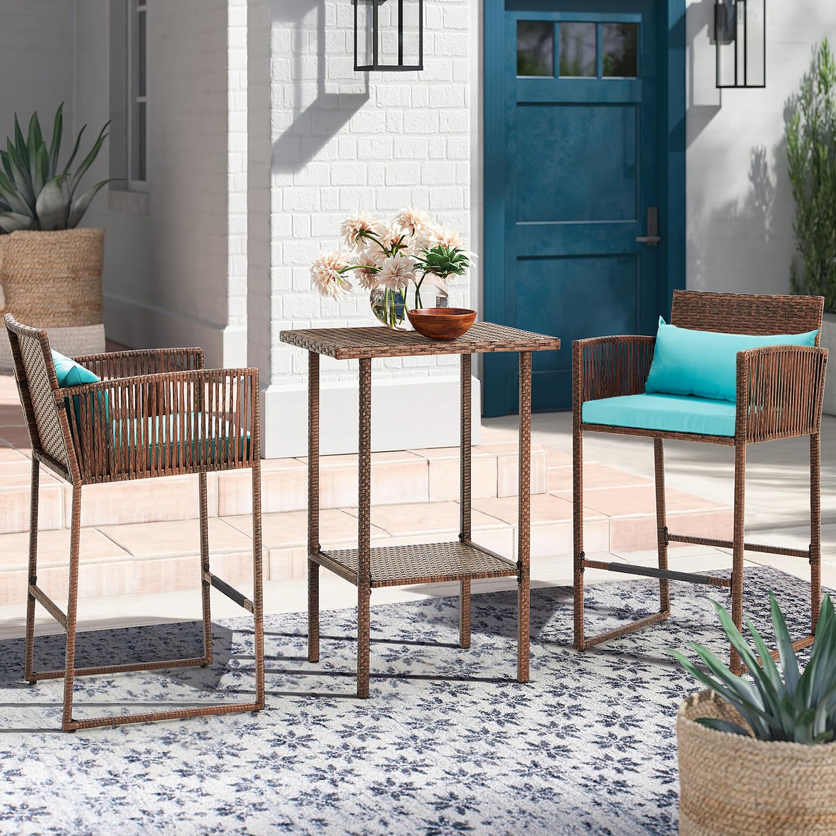 3-Piece Patio Barstool Table Set, Outdoor Bistro Rattan Wicker Furniture