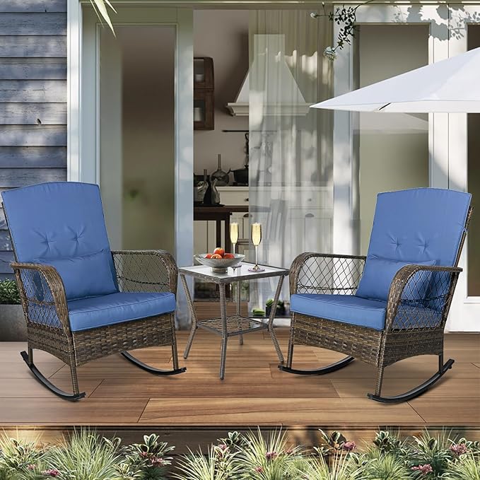 3 Pieces Patio Conversation Set w/ 2 Rattan Wicker Rocking Chairs and Glass Table