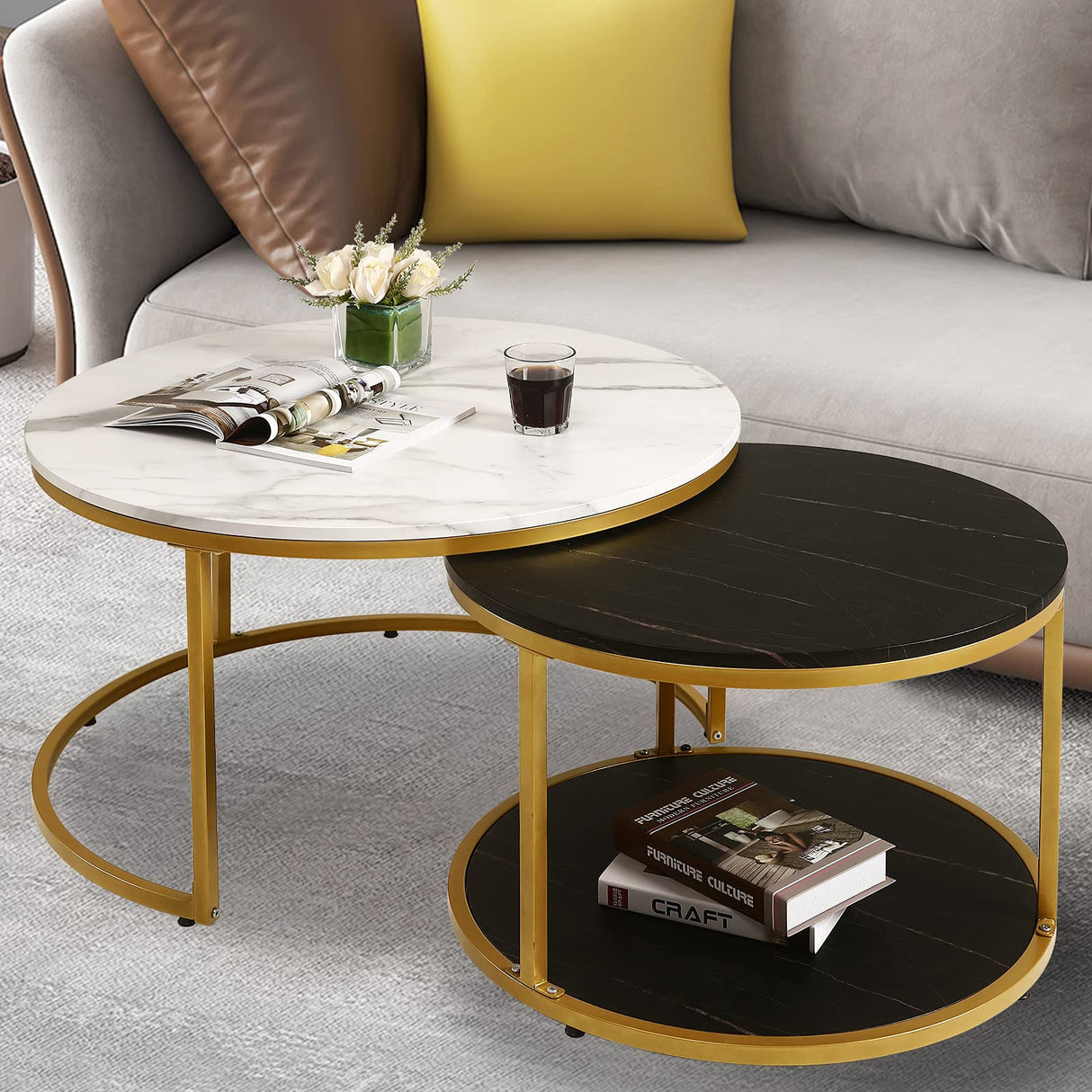 Nesting Coffee Table Set of 2,Round Coffee Tables Modern Circle Table